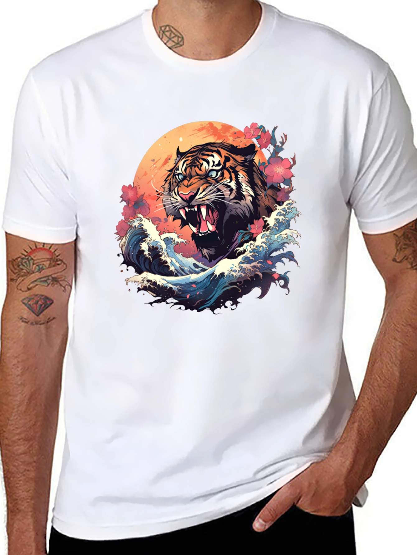 Tiger Wave Graphic Tee - Cool Asian Art Shirt