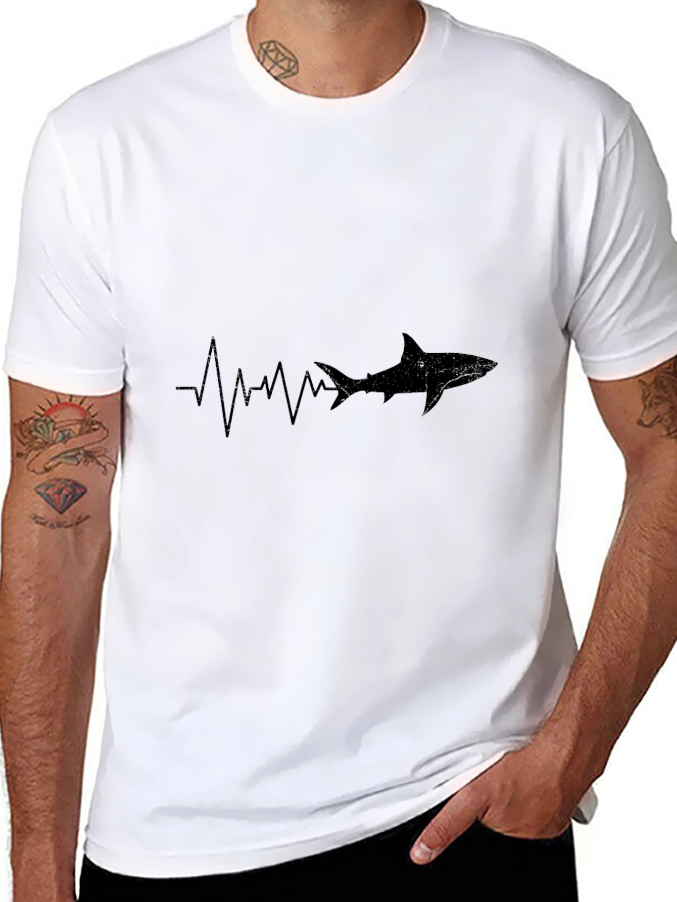 Shark Heartbeat Graphic Tee - Black Cotton Casual T-Shirt