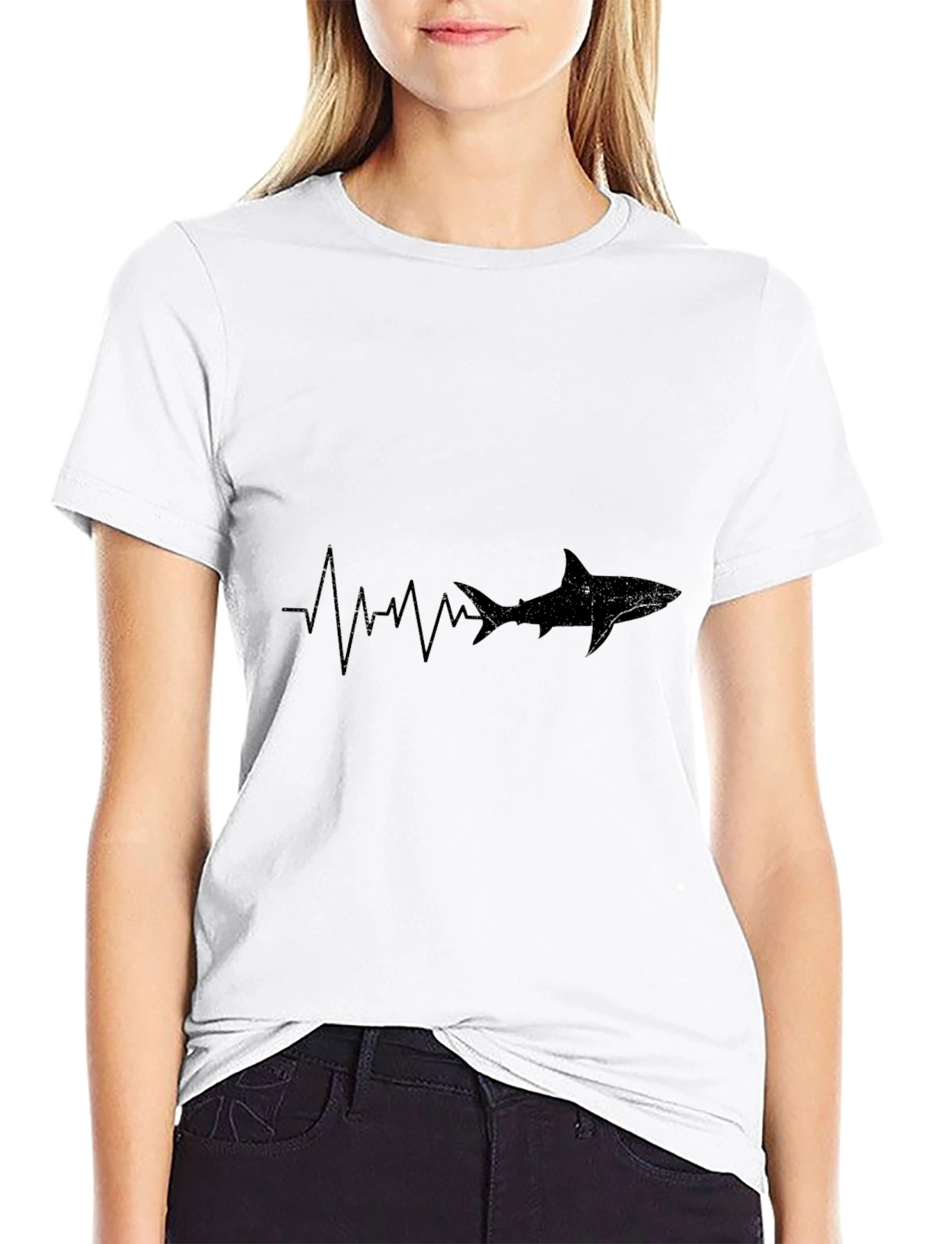 Shark Heartbeat Graphic Tee - Black Cotton Casual T-Shirt
