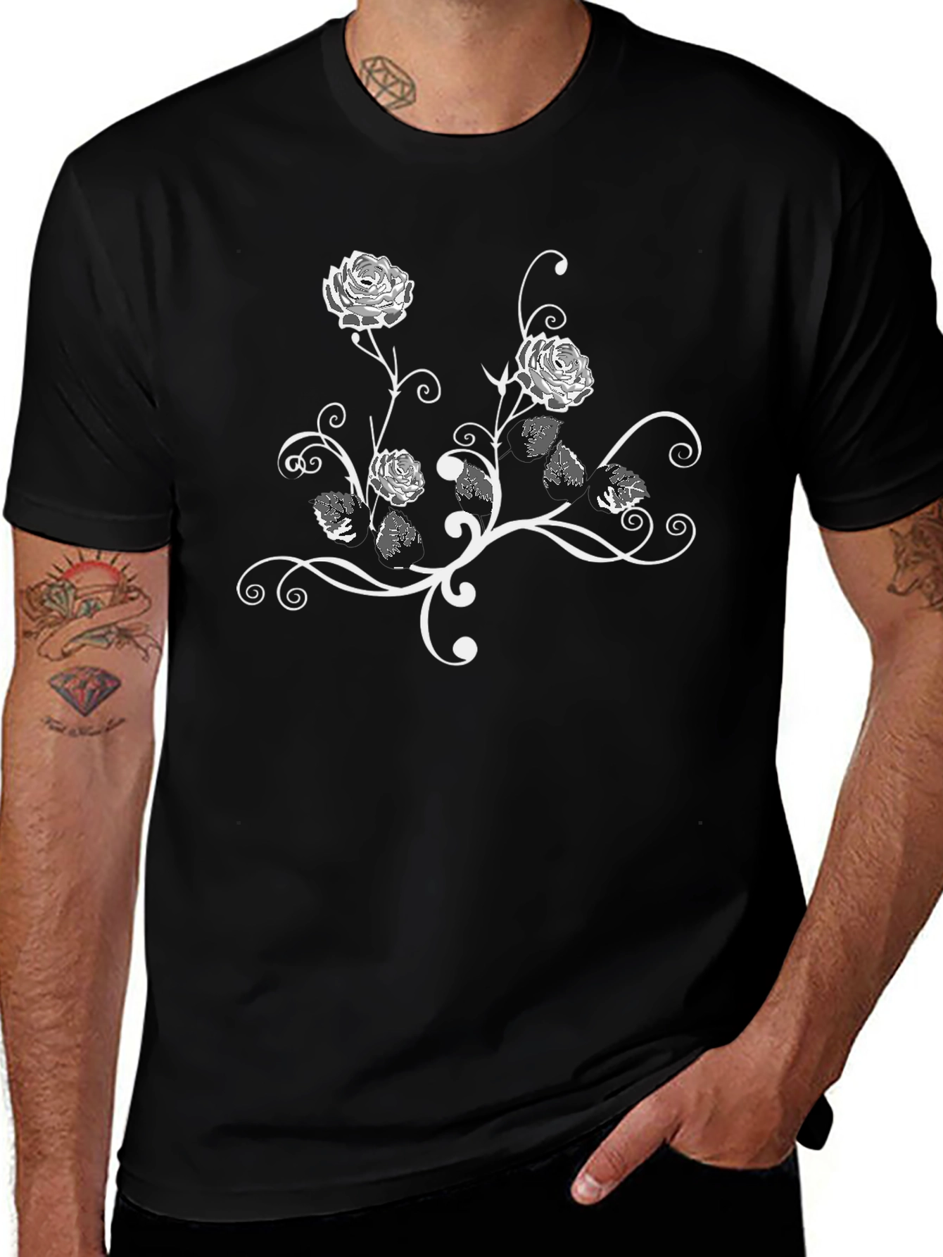 Floral Rose Vine Graphic Black T-Shirt