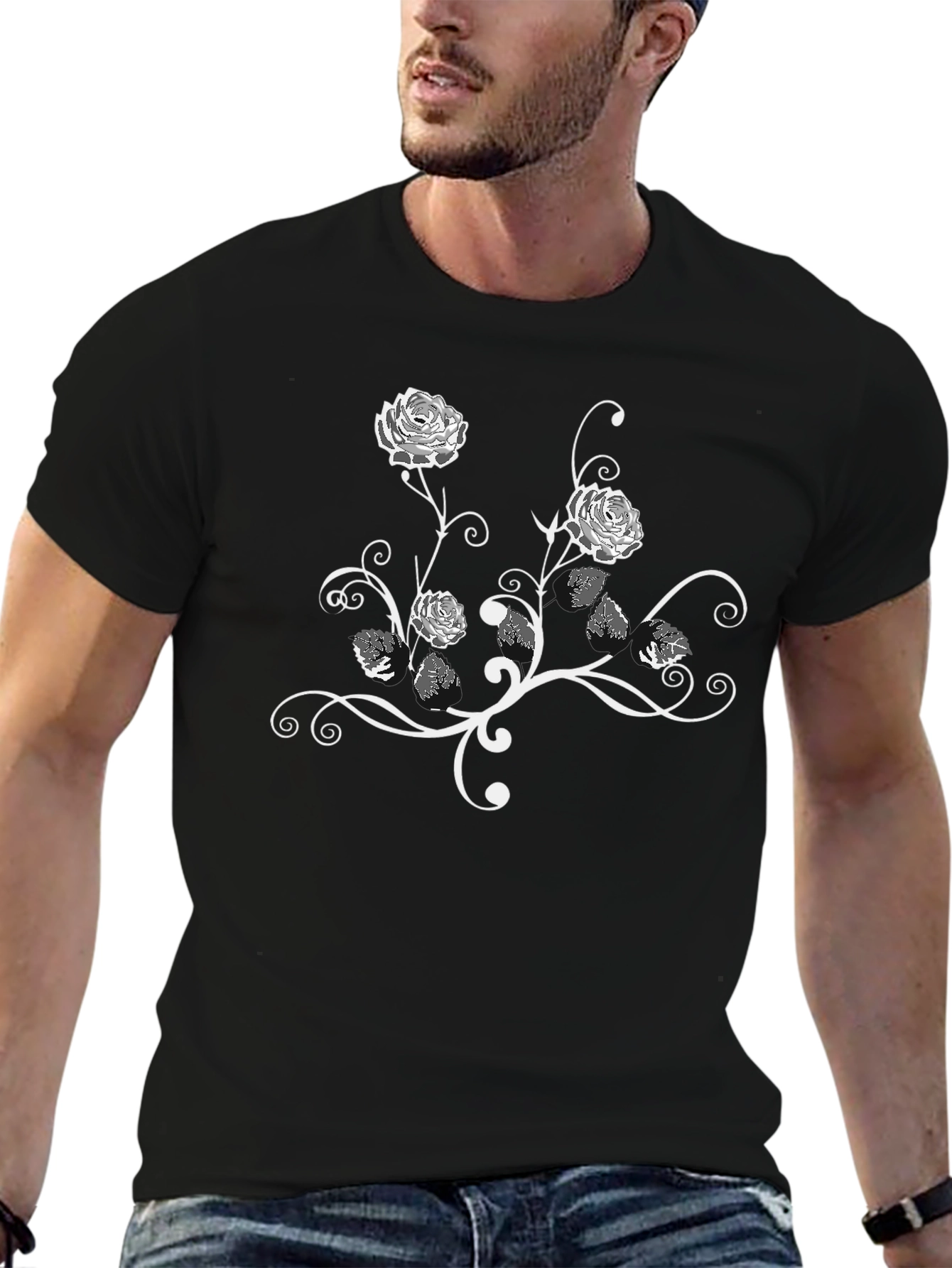 Floral Rose Vine Graphic Black T-Shirt