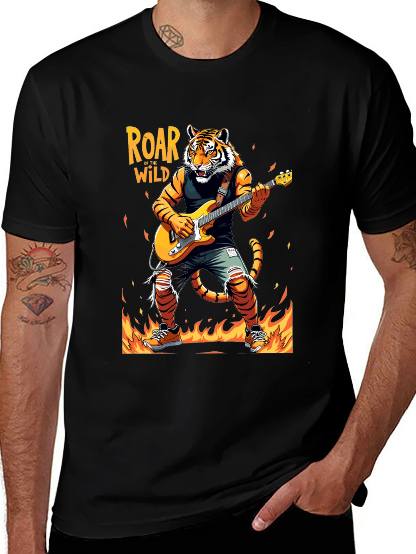 Roar Wild Tiger Graphic Tee - Rocking Guitarist T-Shirt