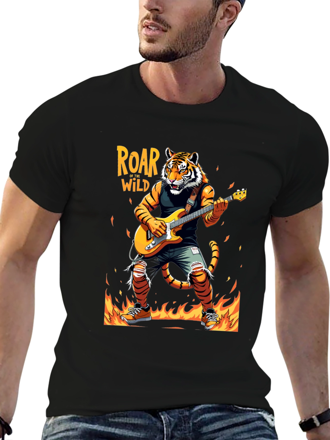 Roar Wild Tiger Graphic Tee - Rocking Guitarist T-Shirt