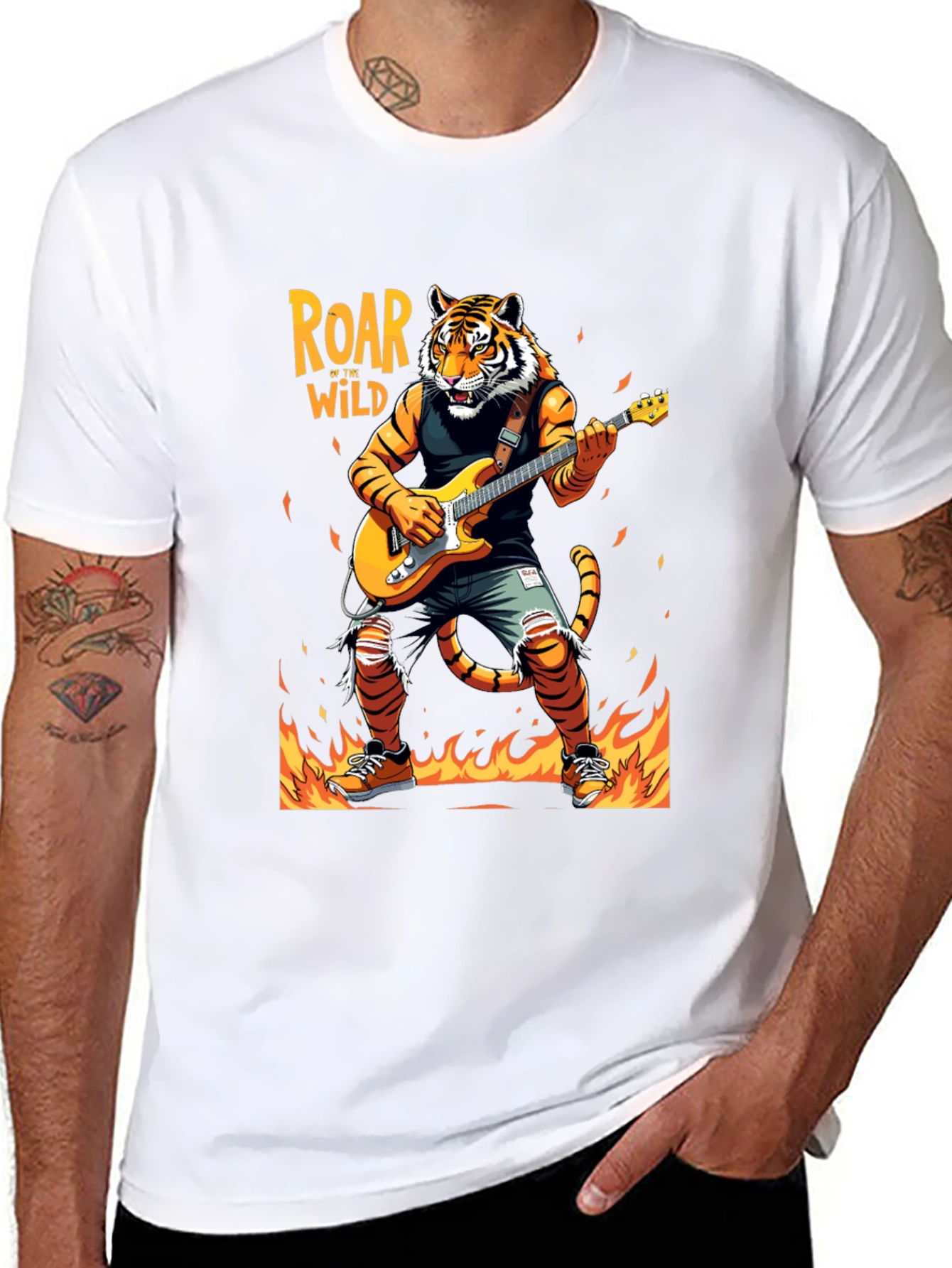 Roar Wild Tiger Graphic Tee - Rocking Guitarist T-Shirt