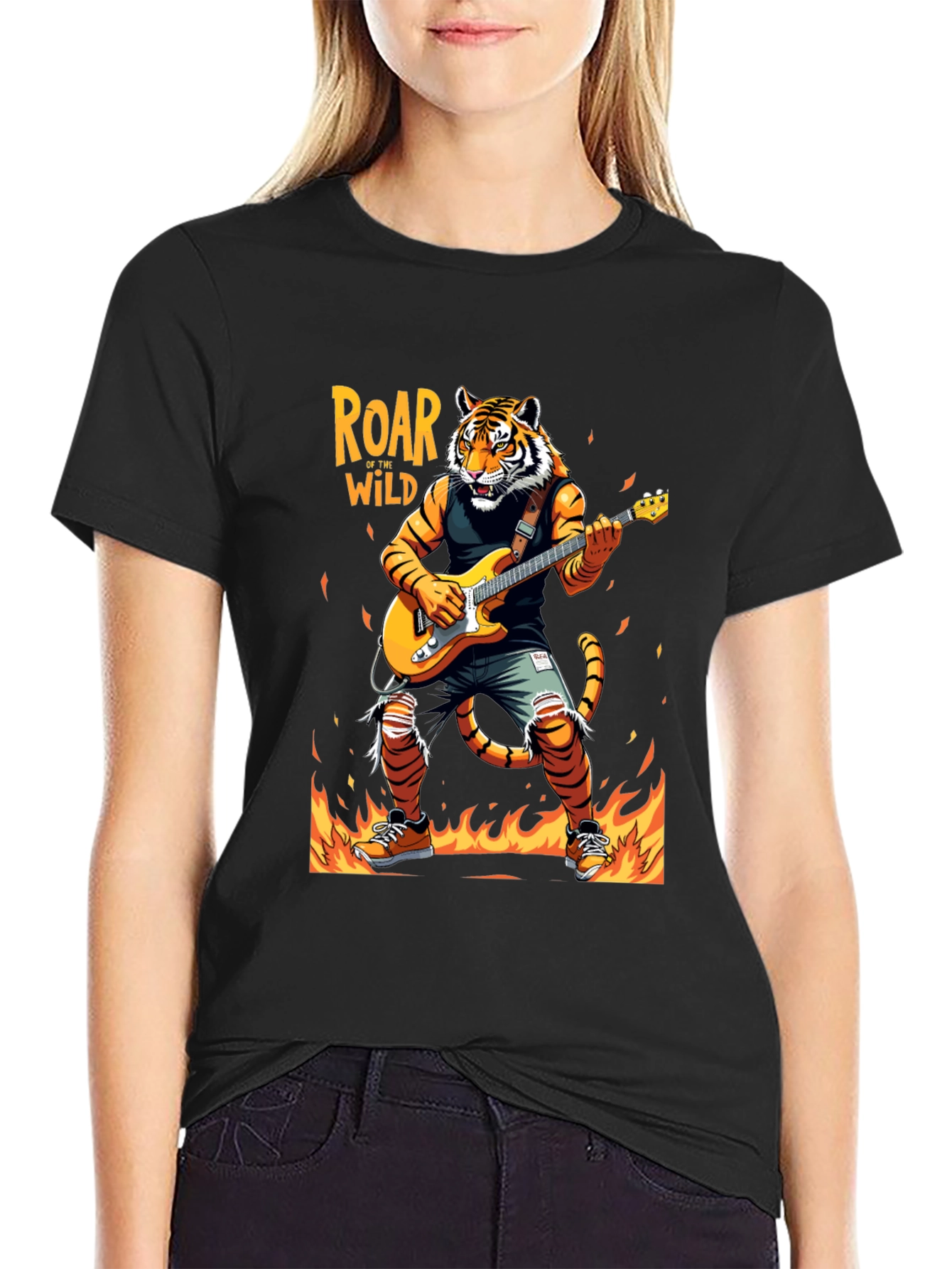 Roar Wild Tiger Graphic Tee - Rocking Guitarist T-Shirt