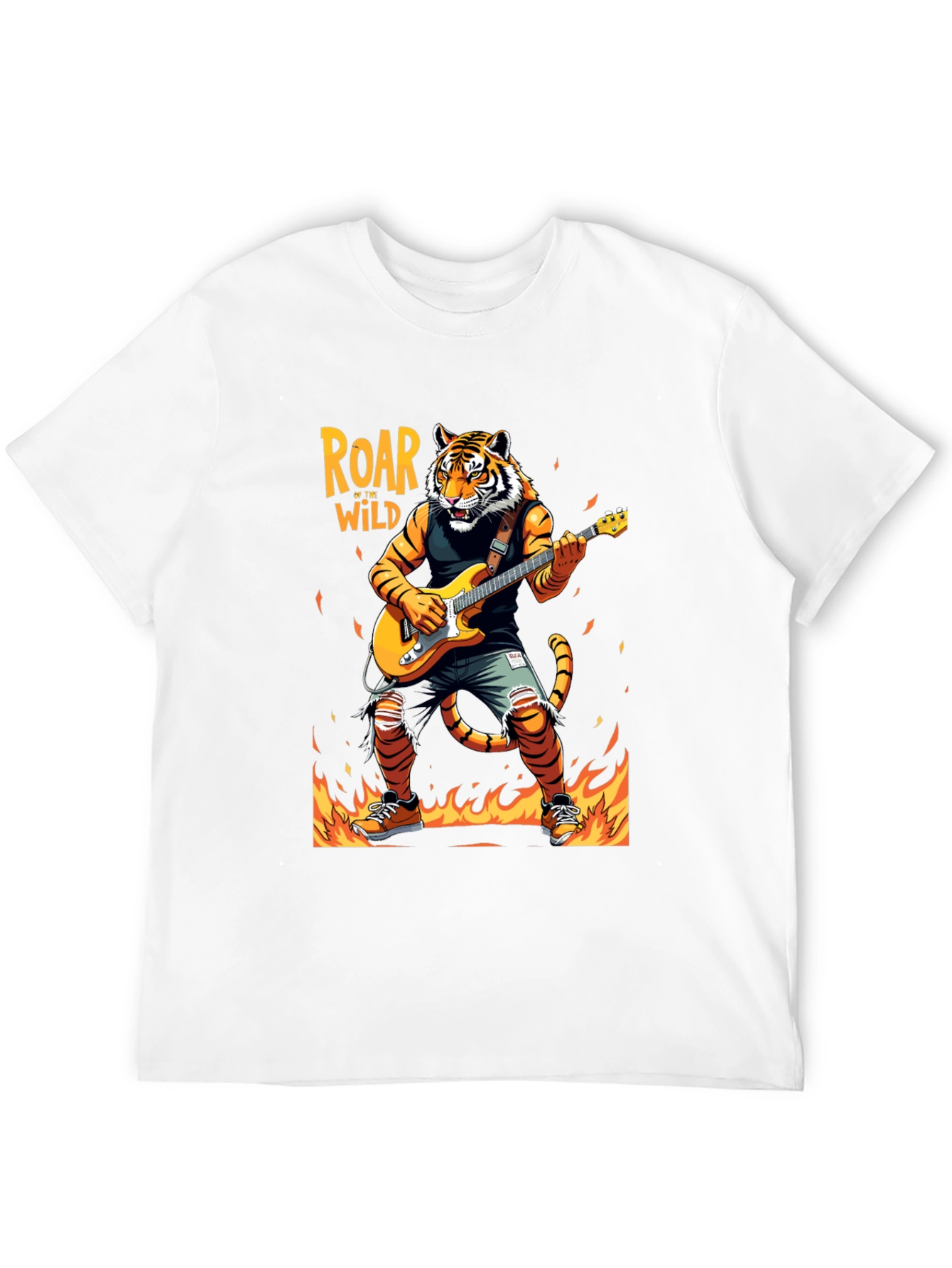 Roar Wild Tiger Graphic Tee - Rocking Guitarist T-Shirt