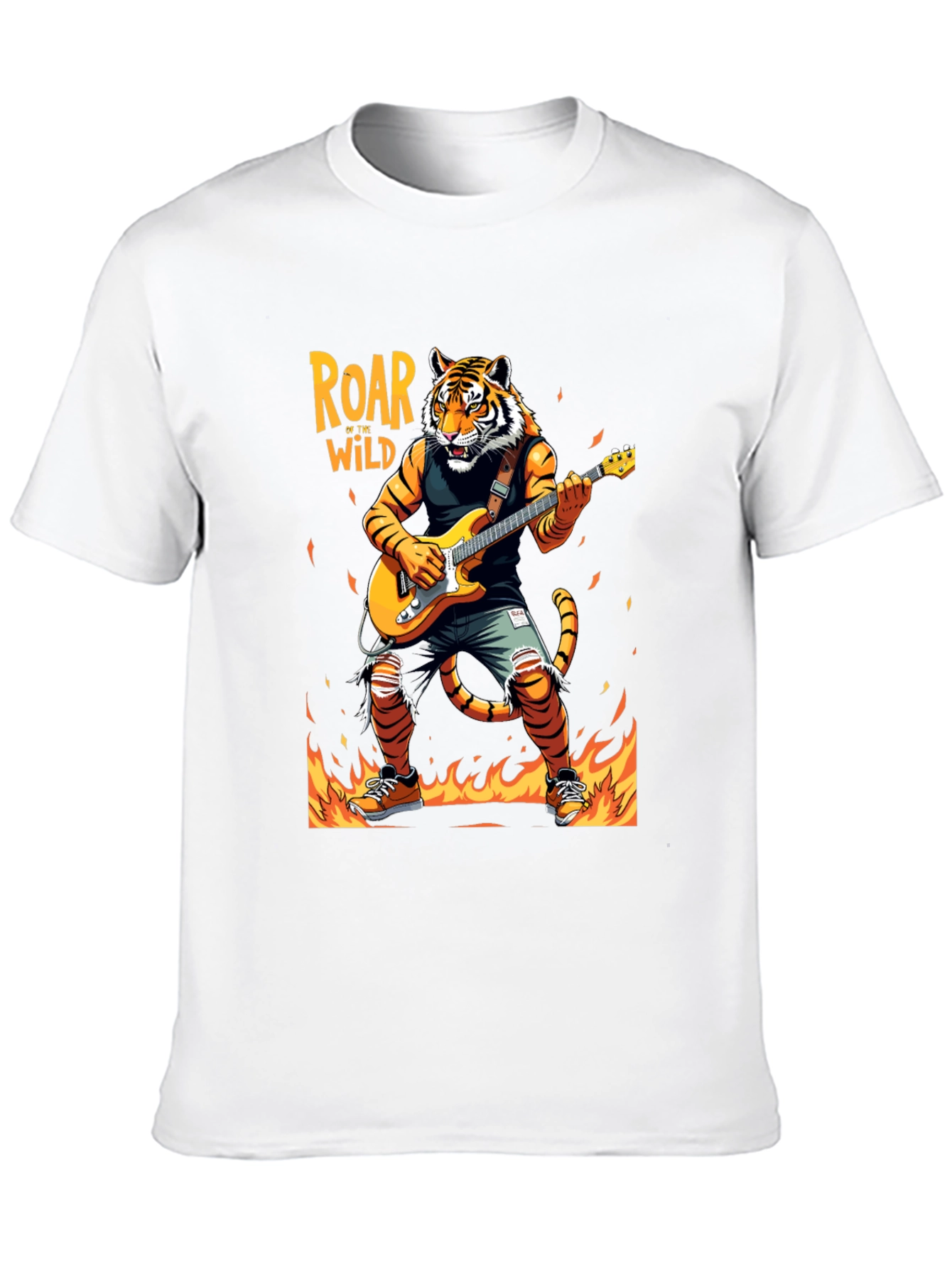 Roar Wild Tiger Graphic Tee - Rocking Guitarist T-Shirt