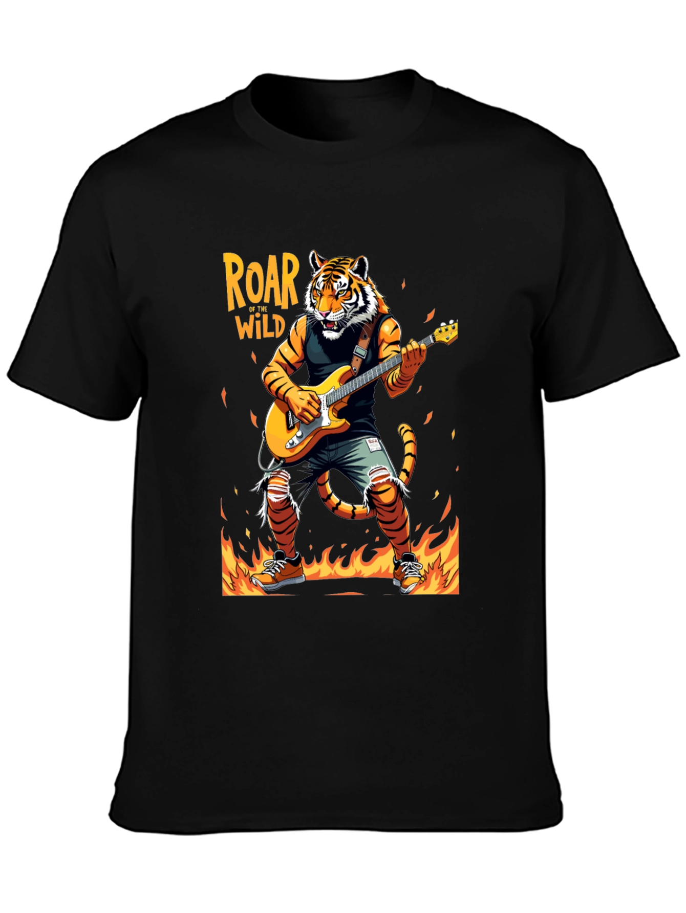 Roar Wild Tiger Graphic Tee - Rocking Guitarist T-Shirt