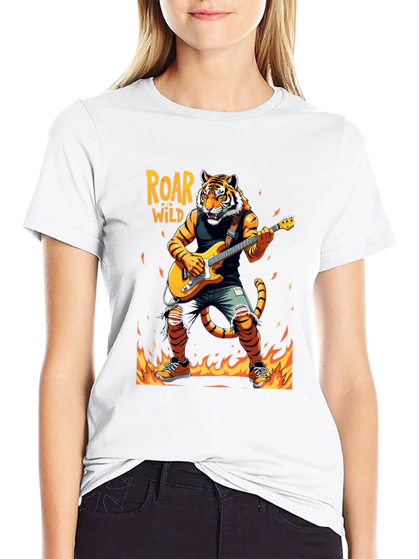 Roar Wild Tiger Graphic Tee - Rocking Guitarist T-Shirt