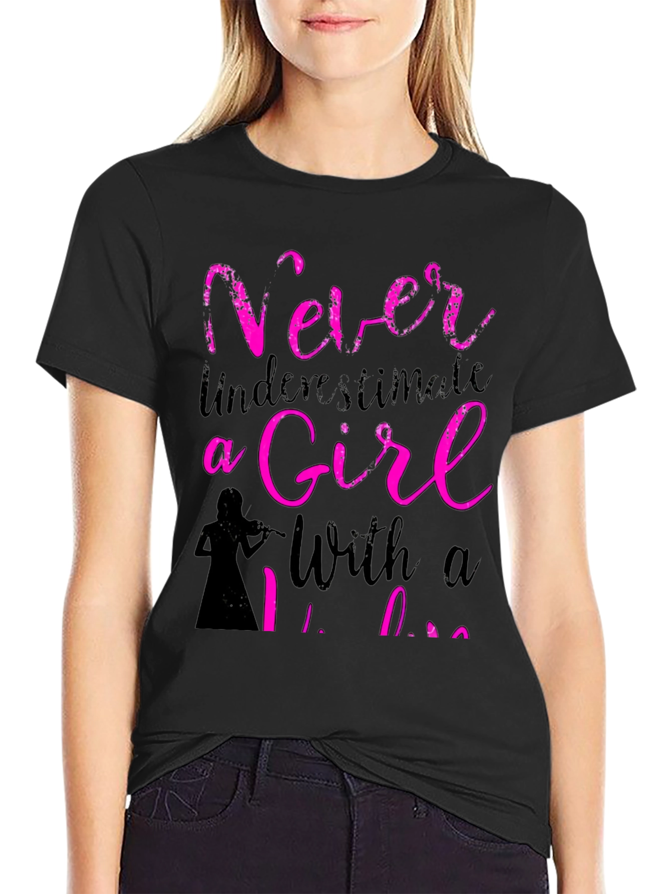 Never Underestimate A Girl With A Violin Black T-Shirt