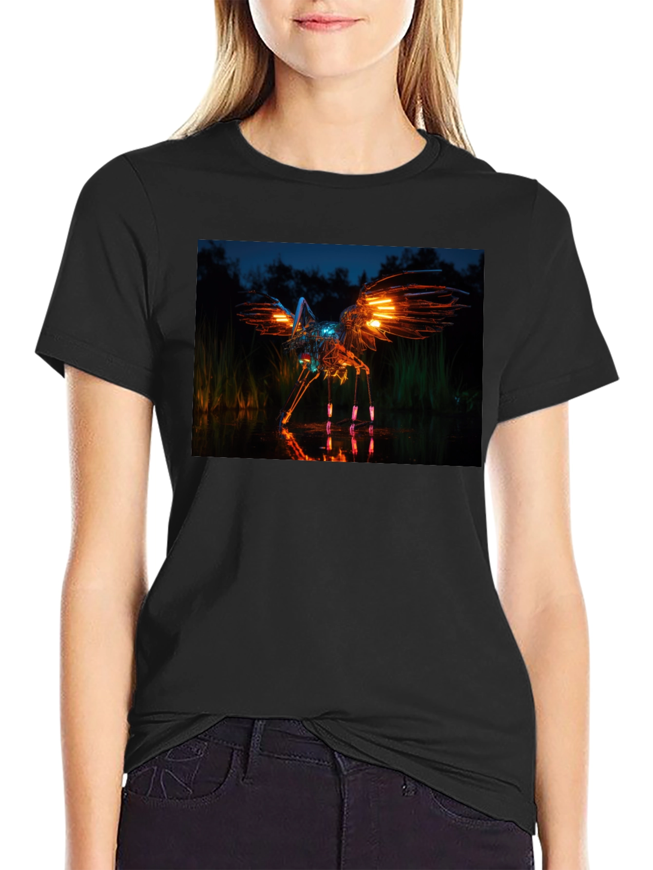 Glowing Robotic Bird on Black T-Shirt