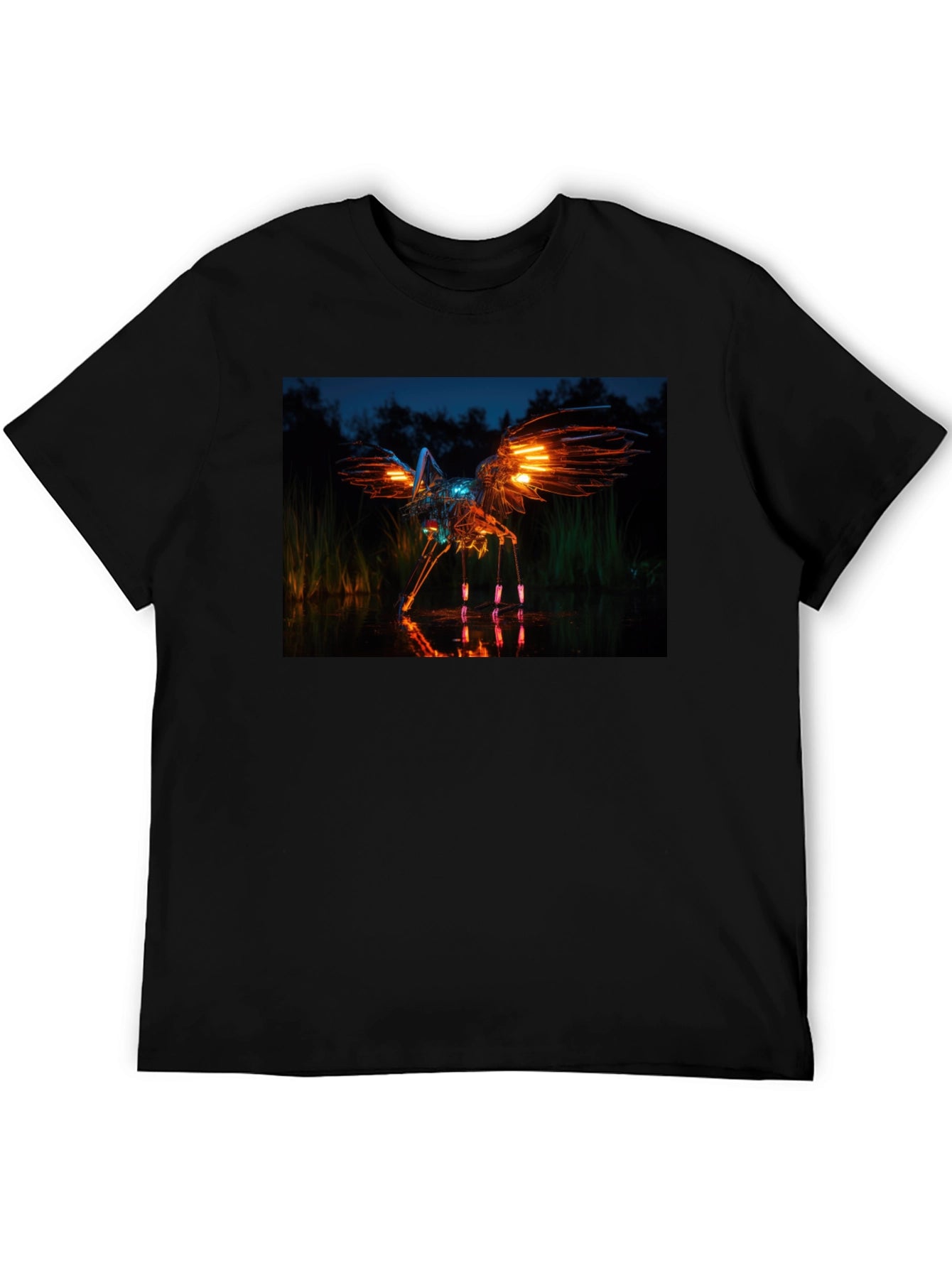 Glowing Robotic Bird on Black T-Shirt