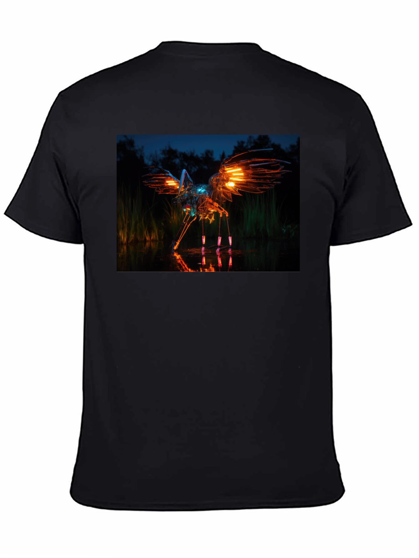Glowing Robotic Bird on Black T-Shirt