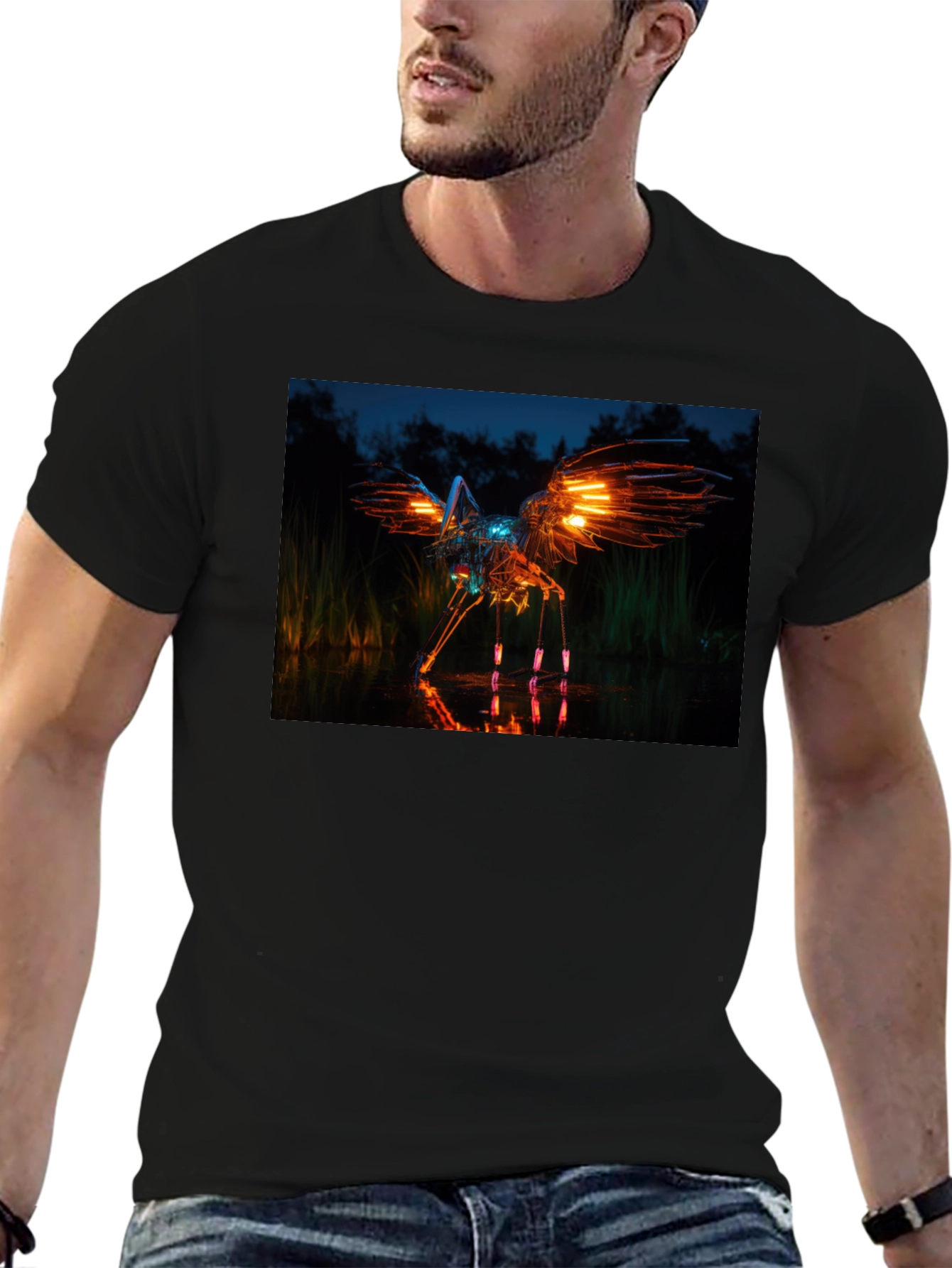 Glowing Robotic Bird on Black T-Shirt