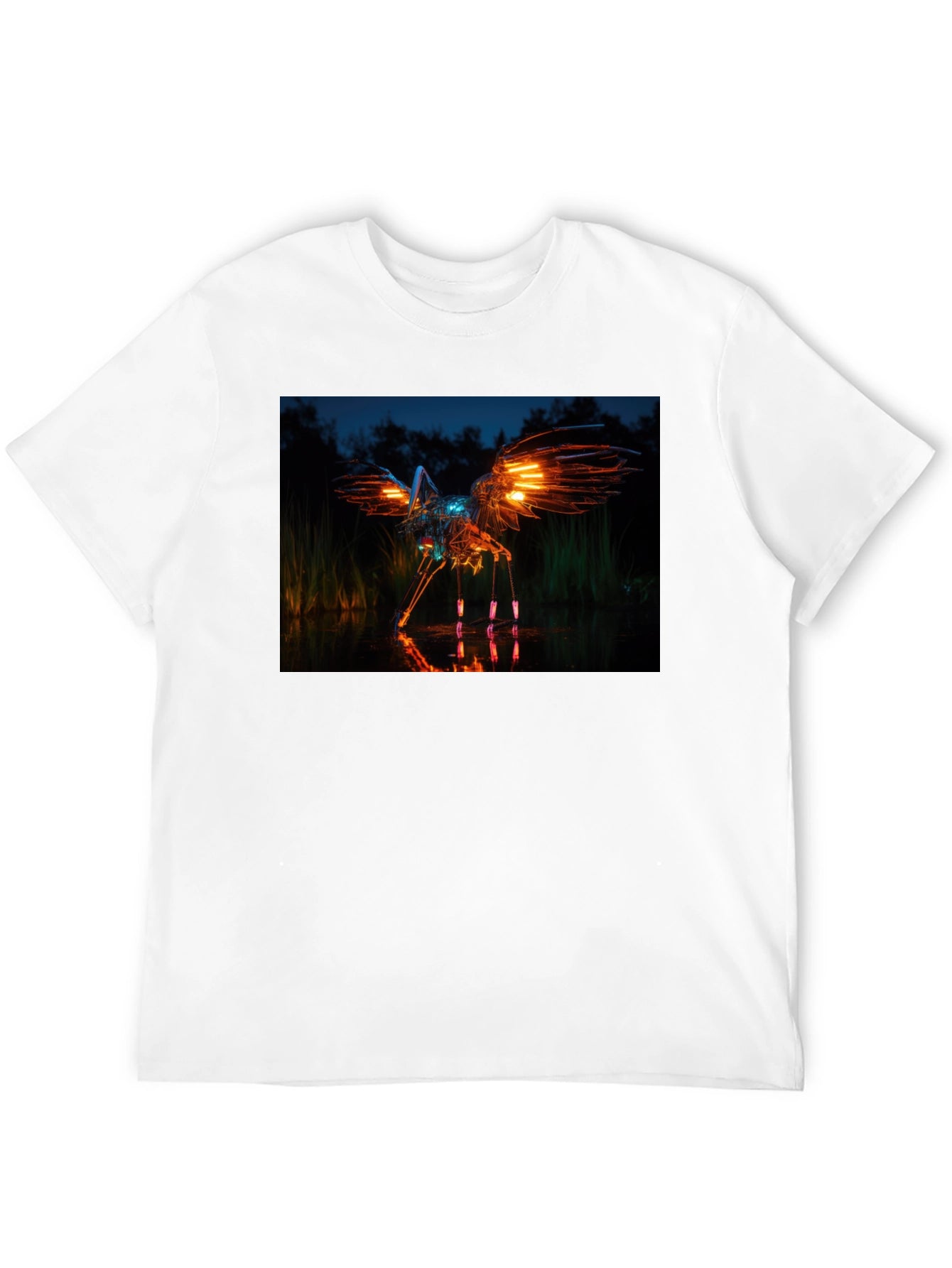 Glowing Robotic Bird on Black T-Shirt