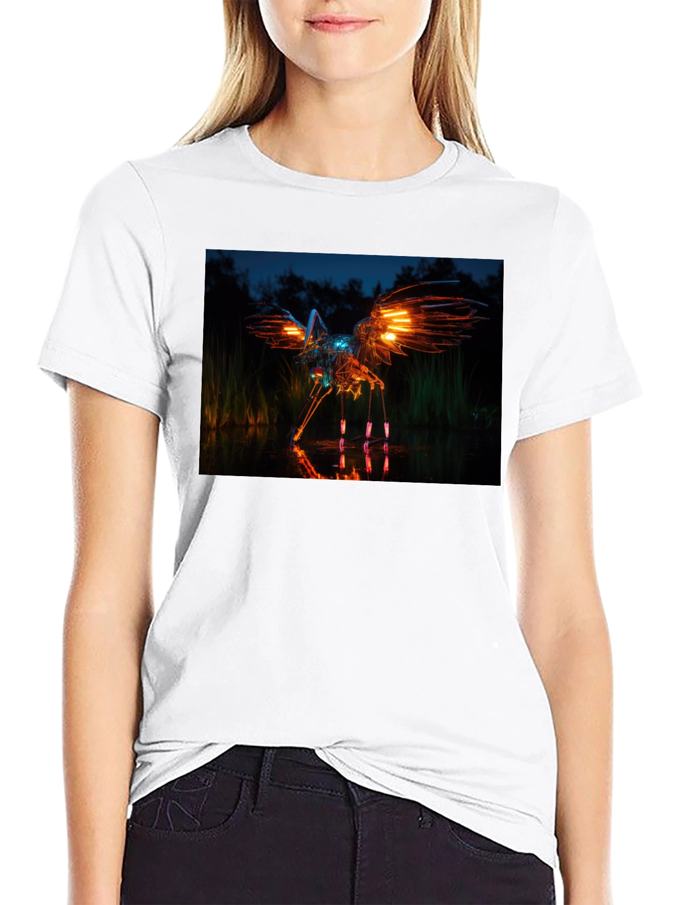 Glowing Robotic Bird on Black T-Shirt