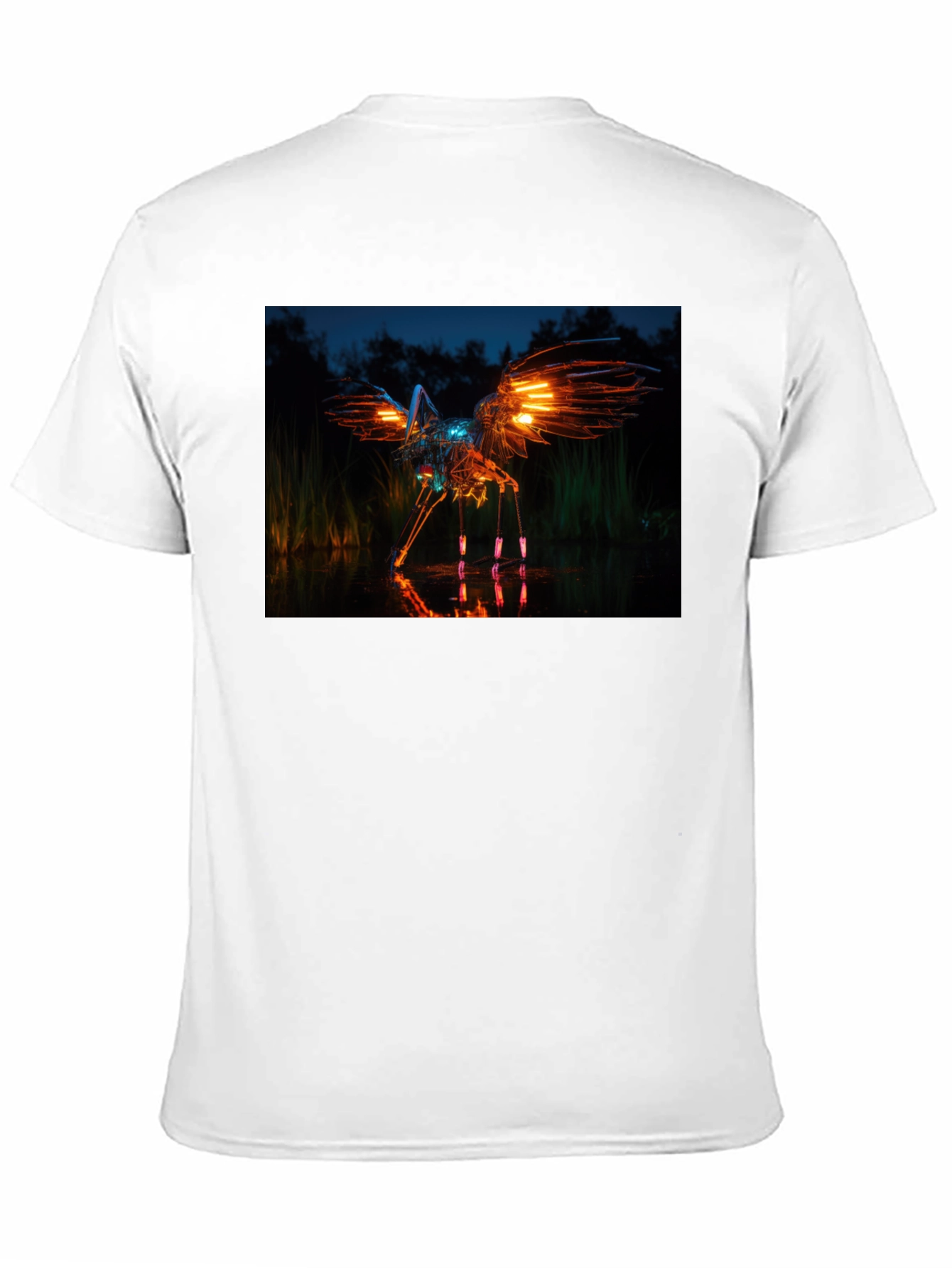 Glowing Robotic Bird on Black T-Shirt