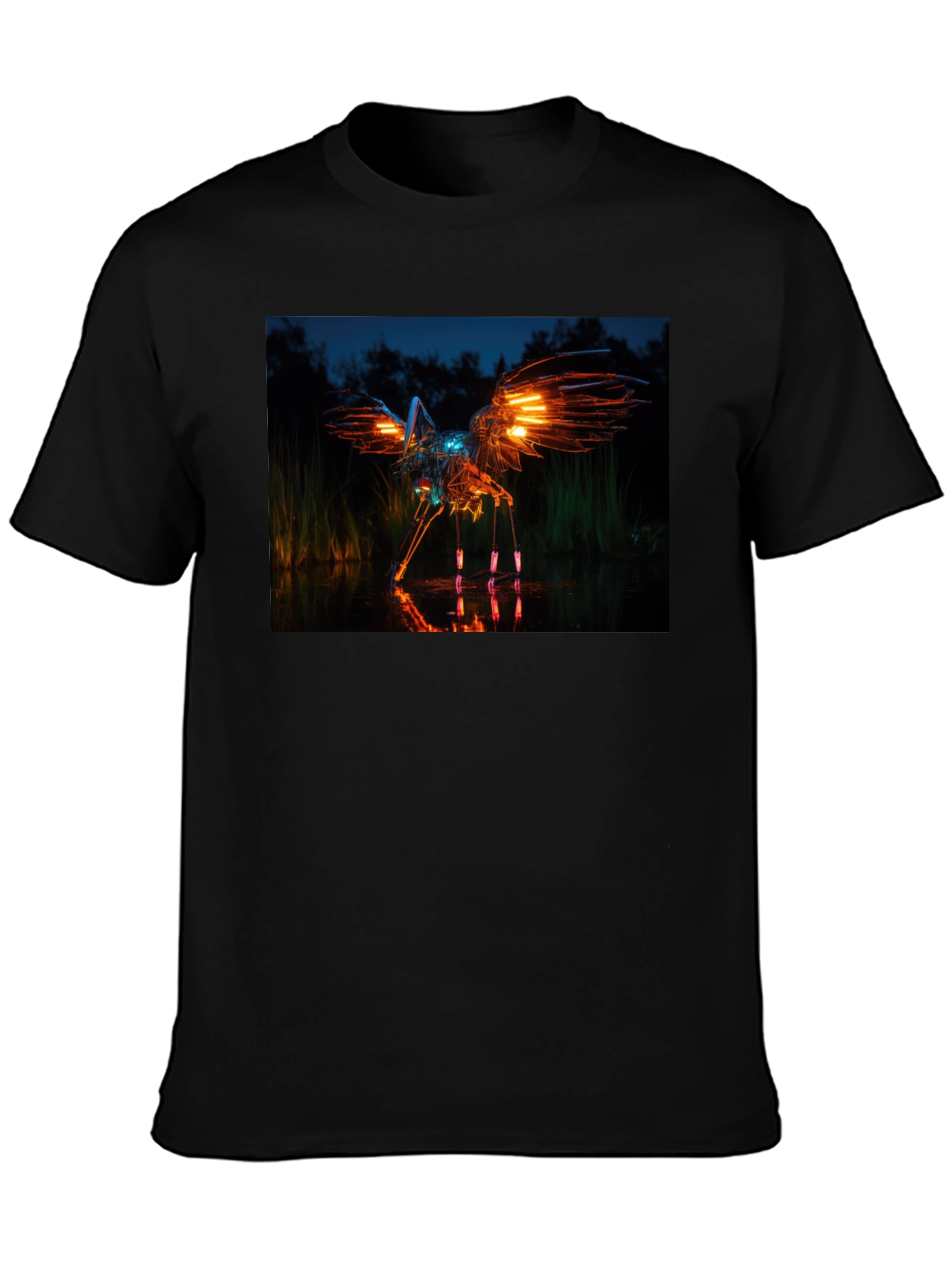 Glowing Robotic Bird on Black T-Shirt