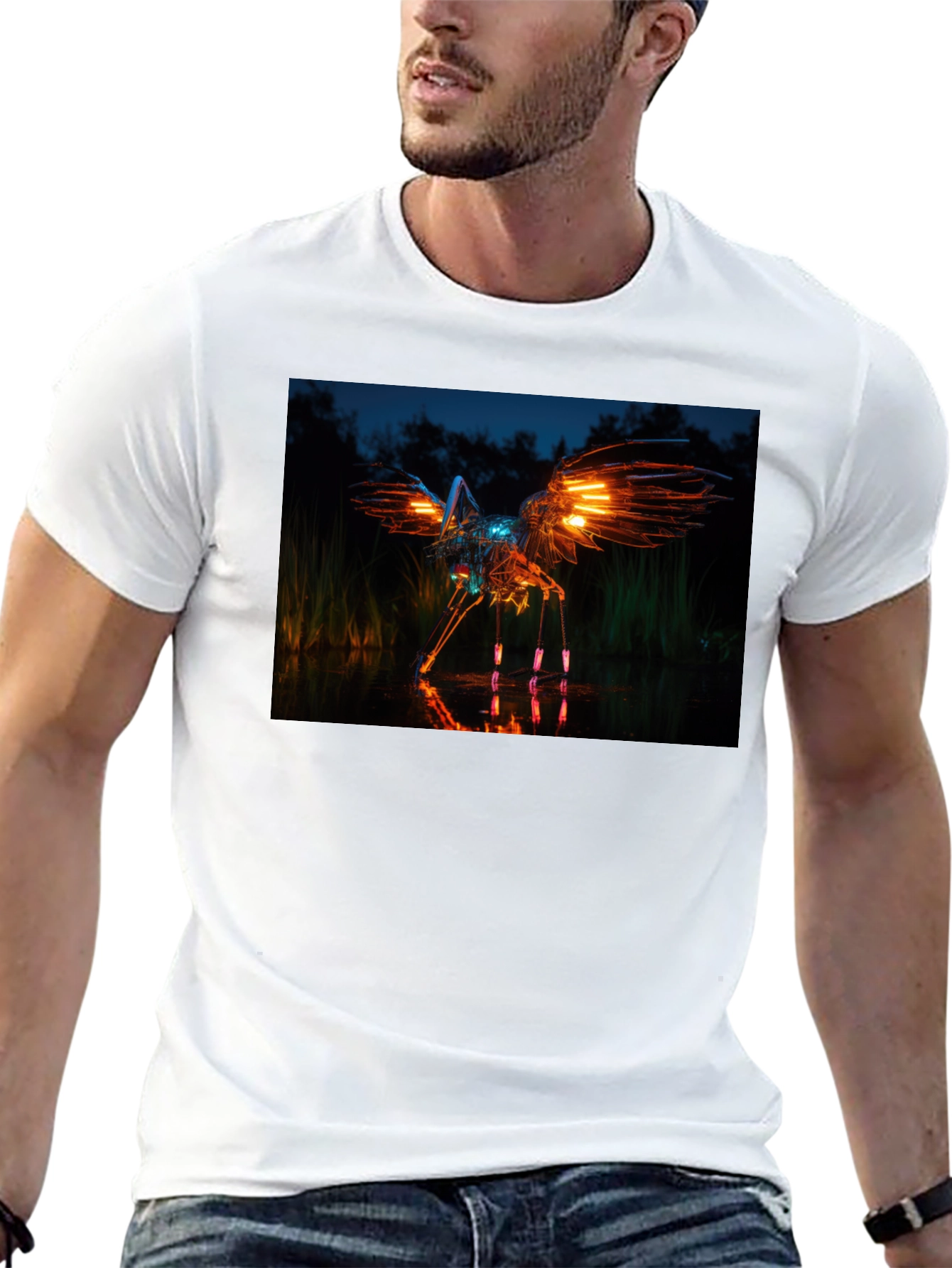 Glowing Robotic Bird on Black T-Shirt