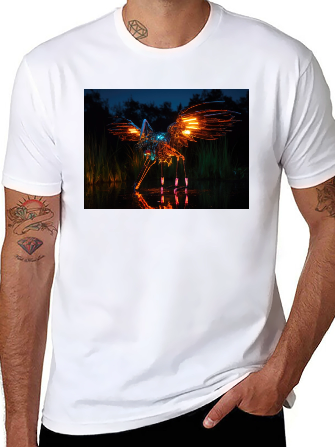 Glowing Robotic Bird on Black T-Shirt