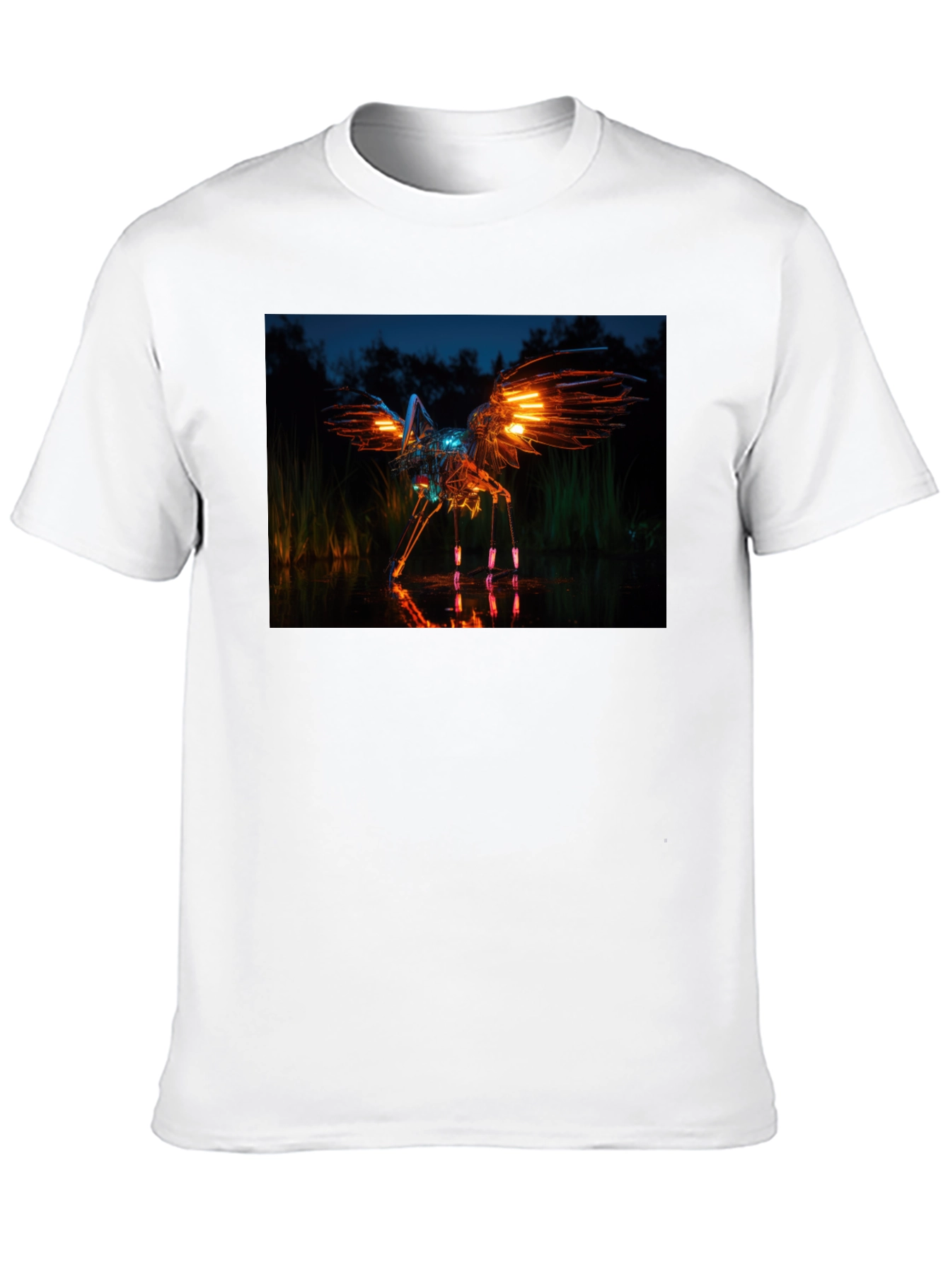 Glowing Robotic Bird on Black T-Shirt