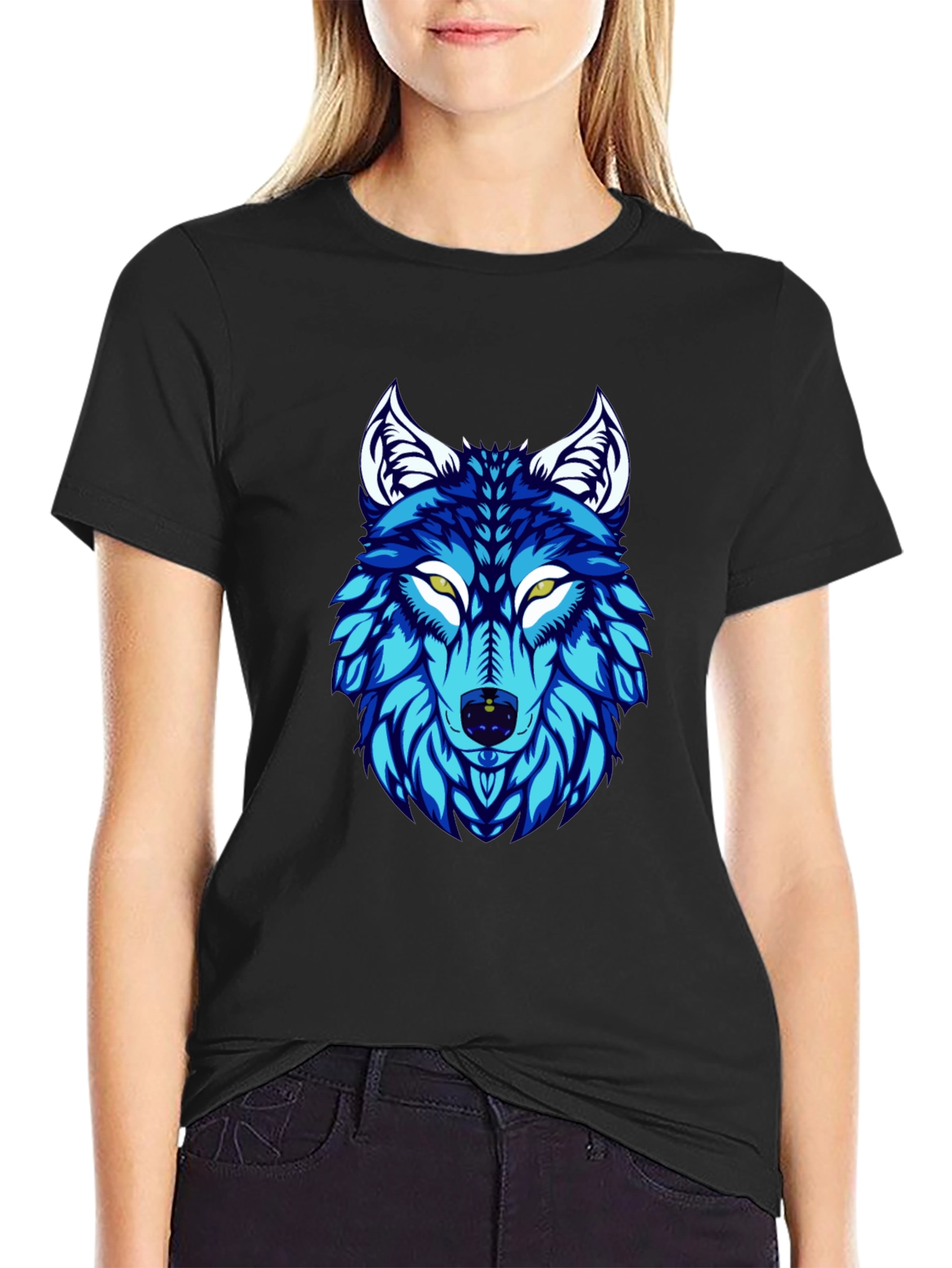 Blue Wolf Graphic Print Black T-Shirt