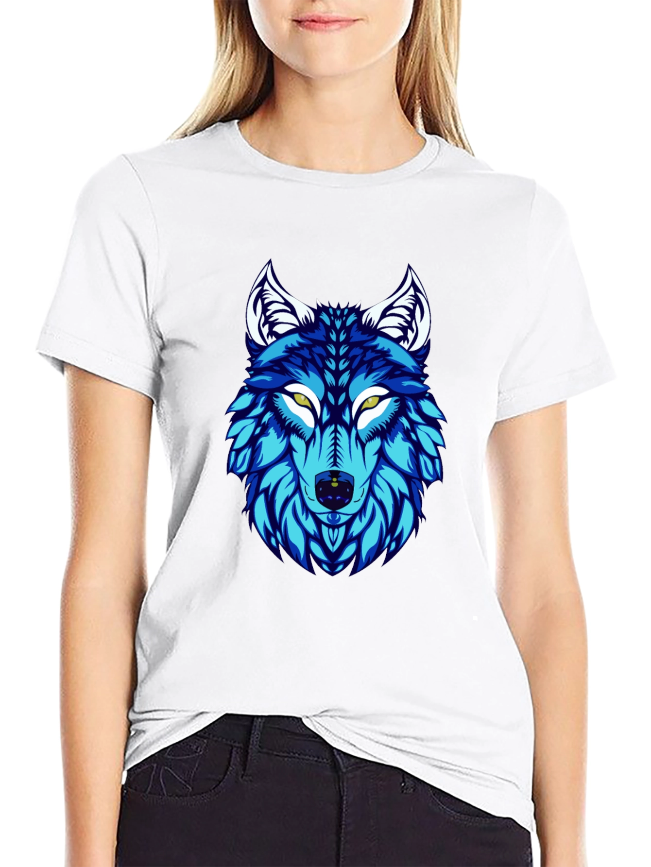 Blue Wolf Graphic Print Black T-Shirt