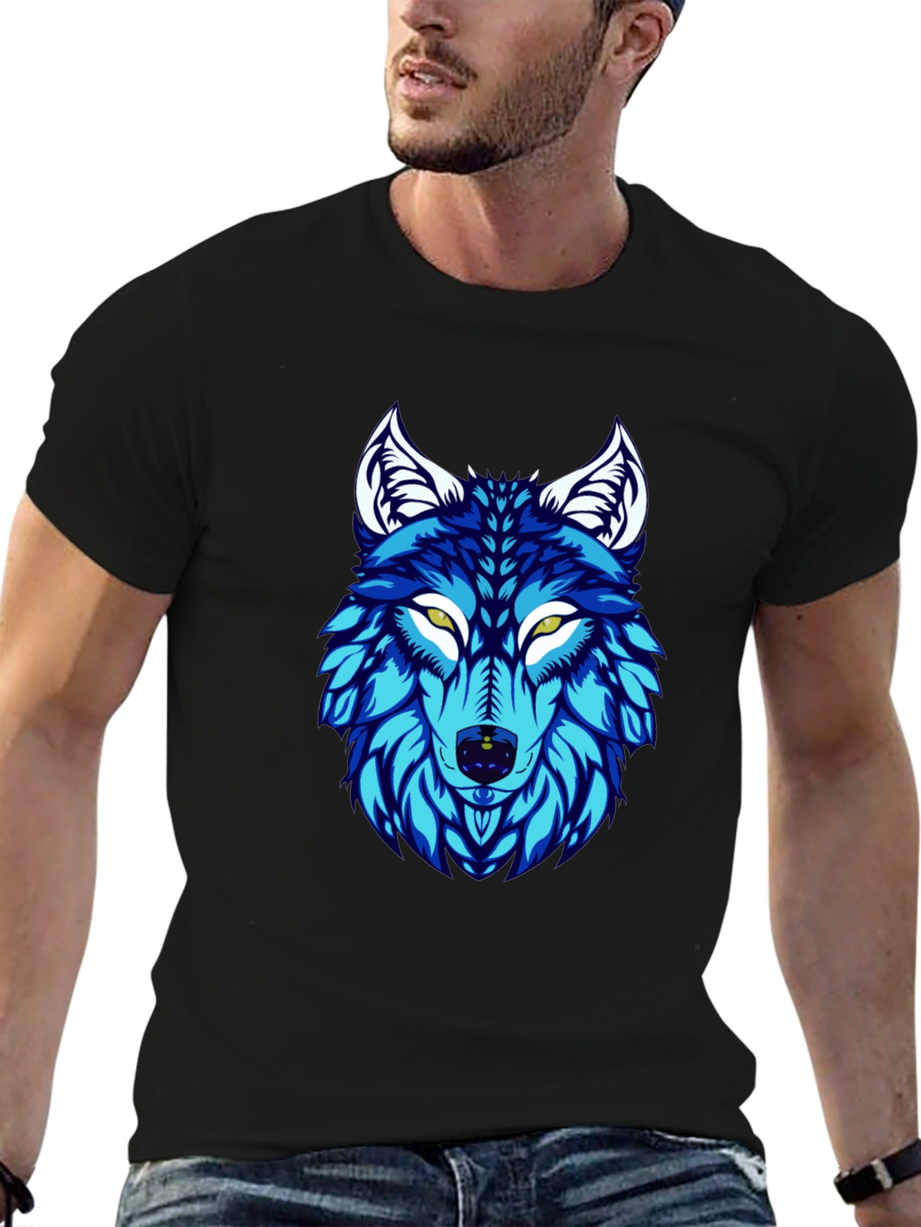 Blue Wolf Graphic Print Black T-Shirt