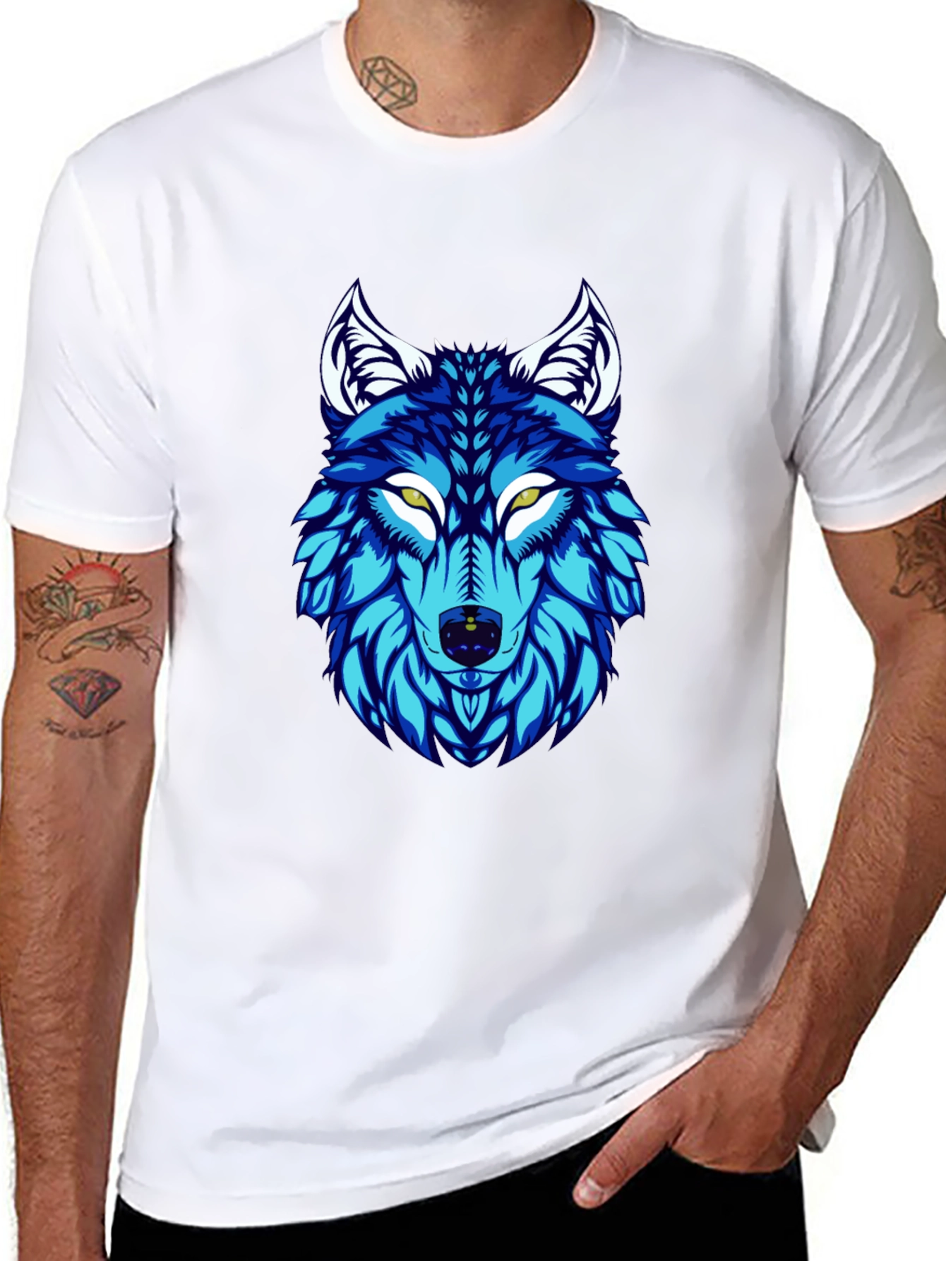 Blue Wolf Graphic Print Black T-Shirt