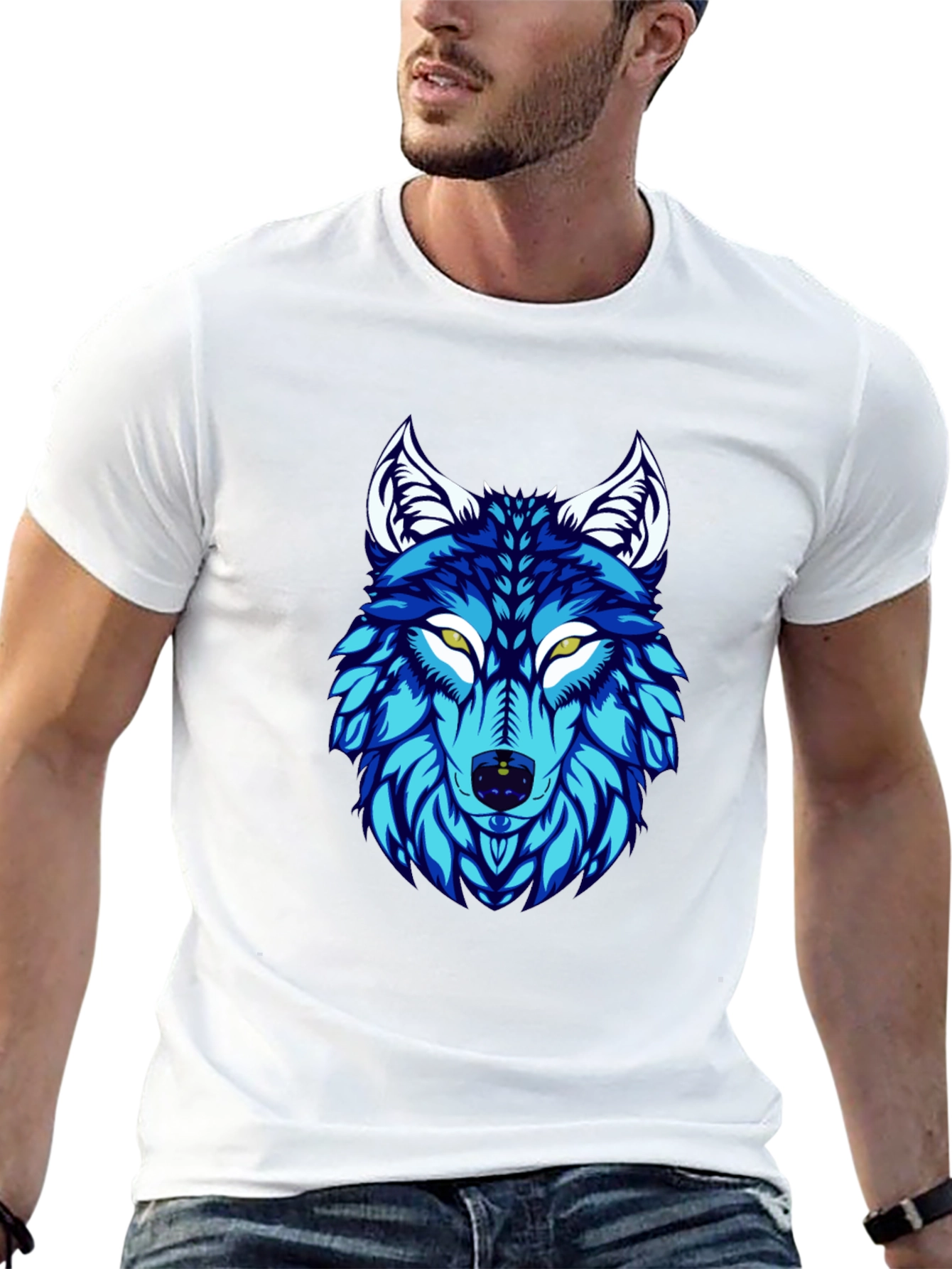 Blue Wolf Graphic Print Black T-Shirt