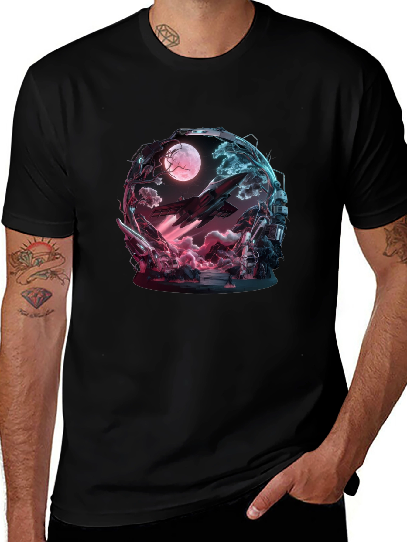 Sci-Fi Space Moon Black T-Shirt