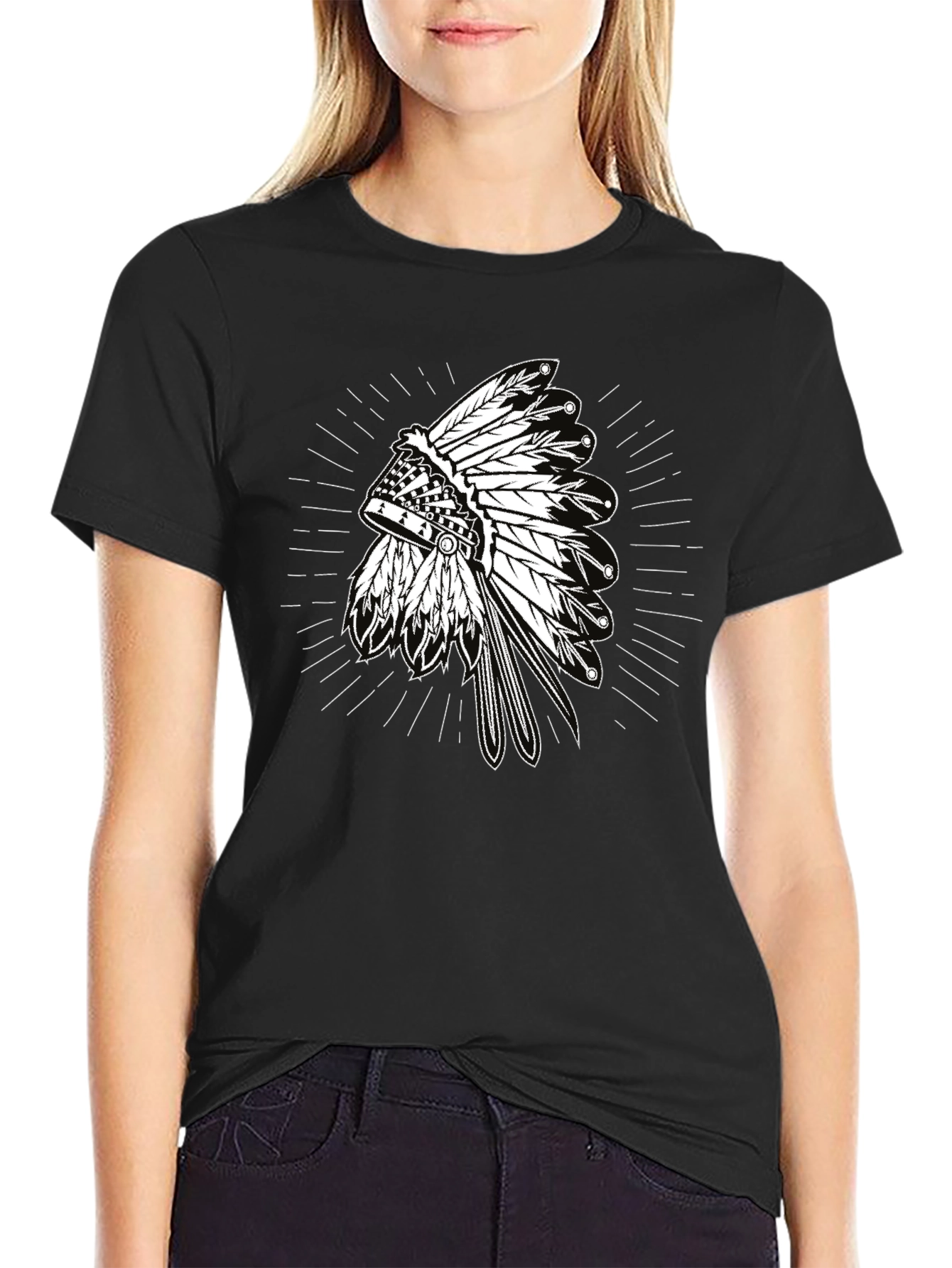 Native American Headdress Graphic Tee - Black