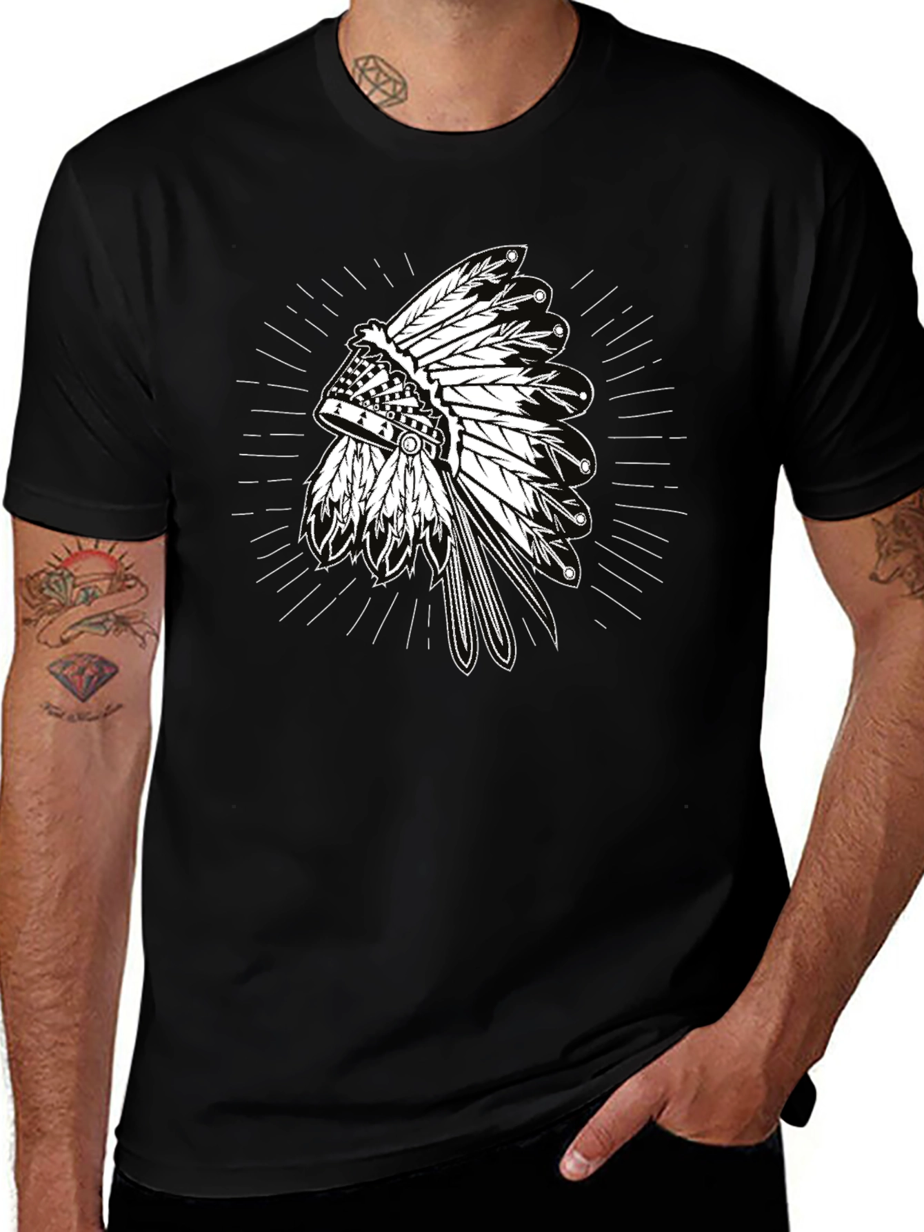 Native American Headdress Graphic Tee - Black