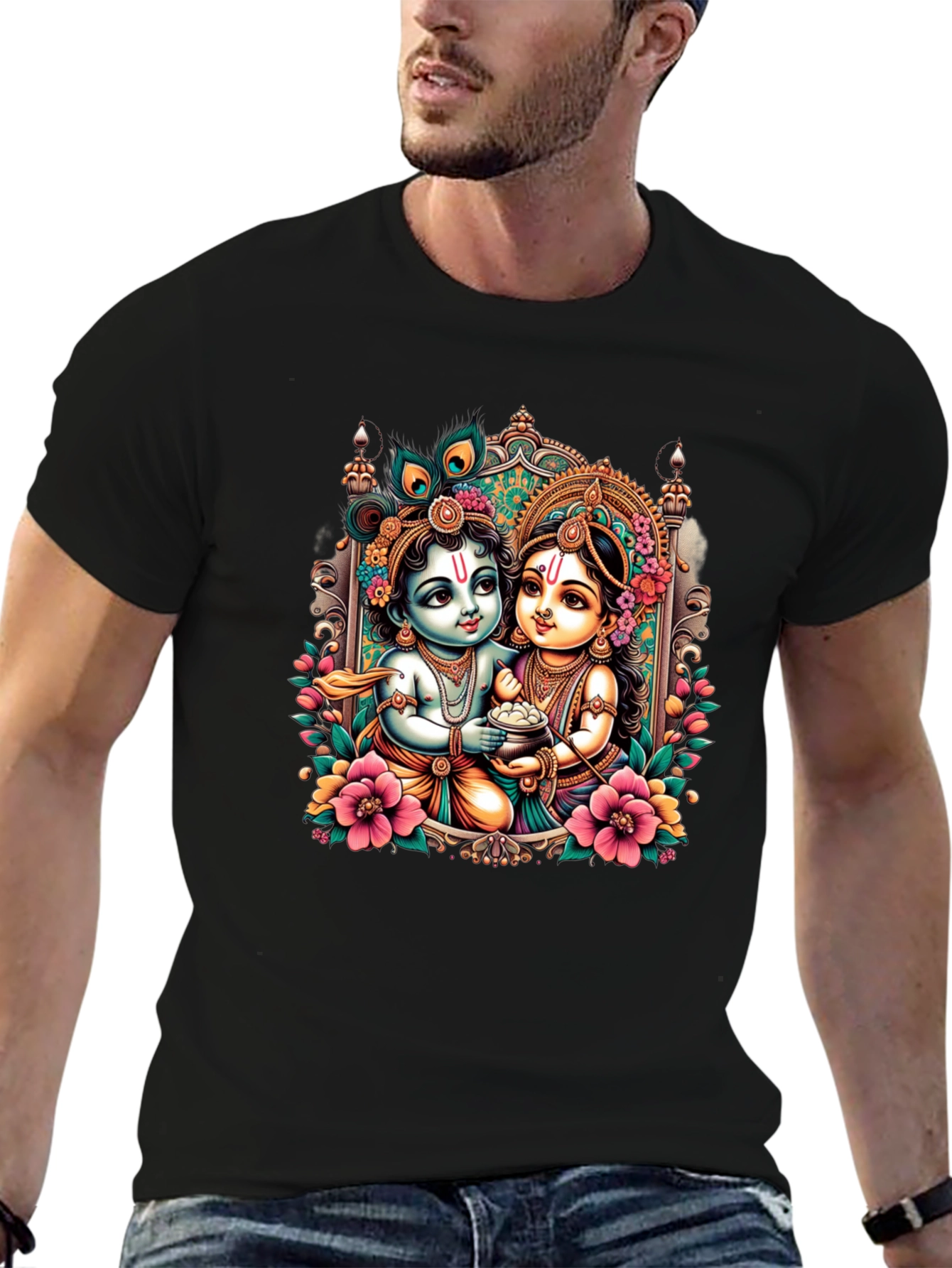 Krishna and Radha Graphic Black T-Shirt