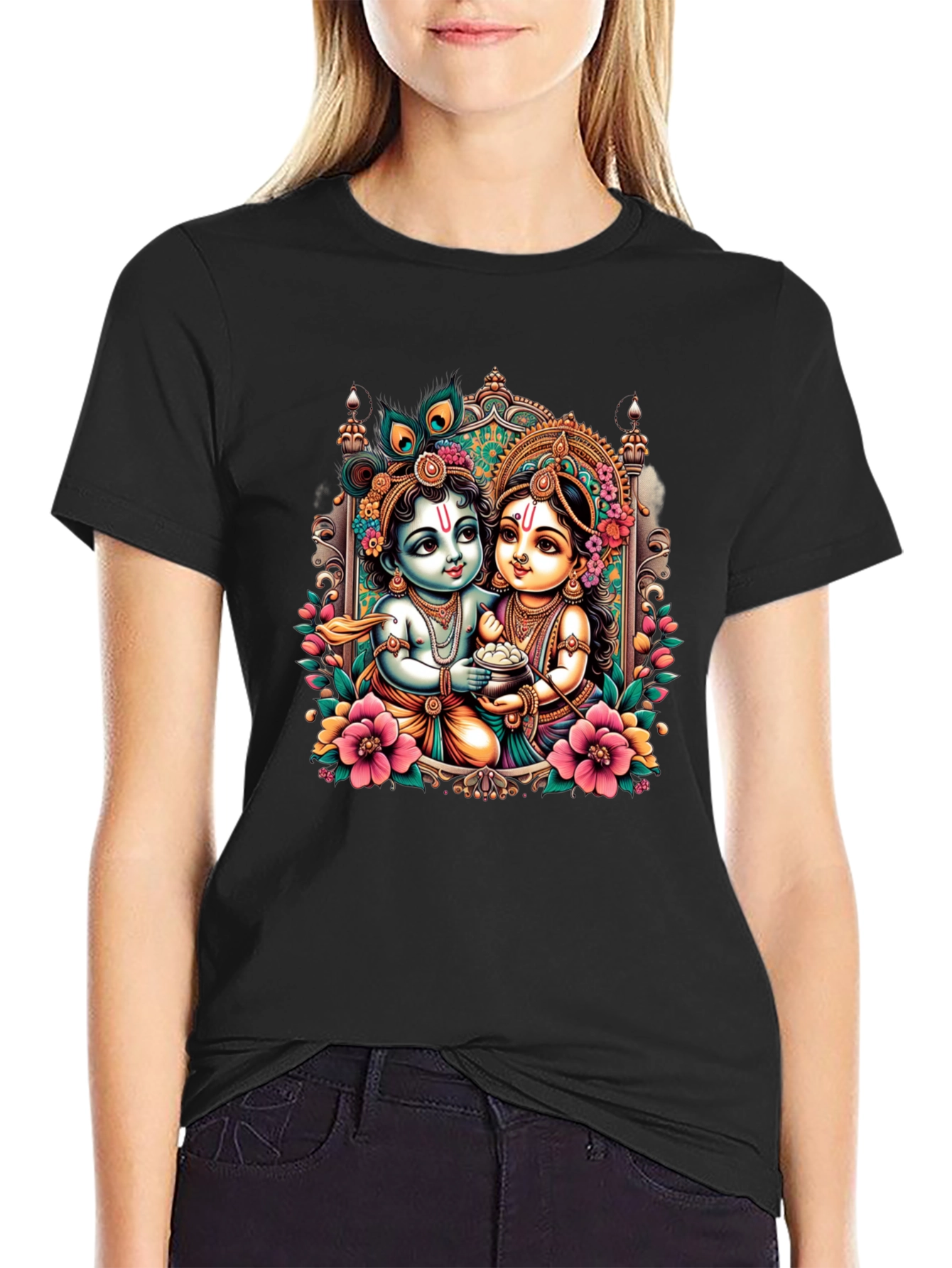 Krishna and Radha Graphic Black T-Shirt