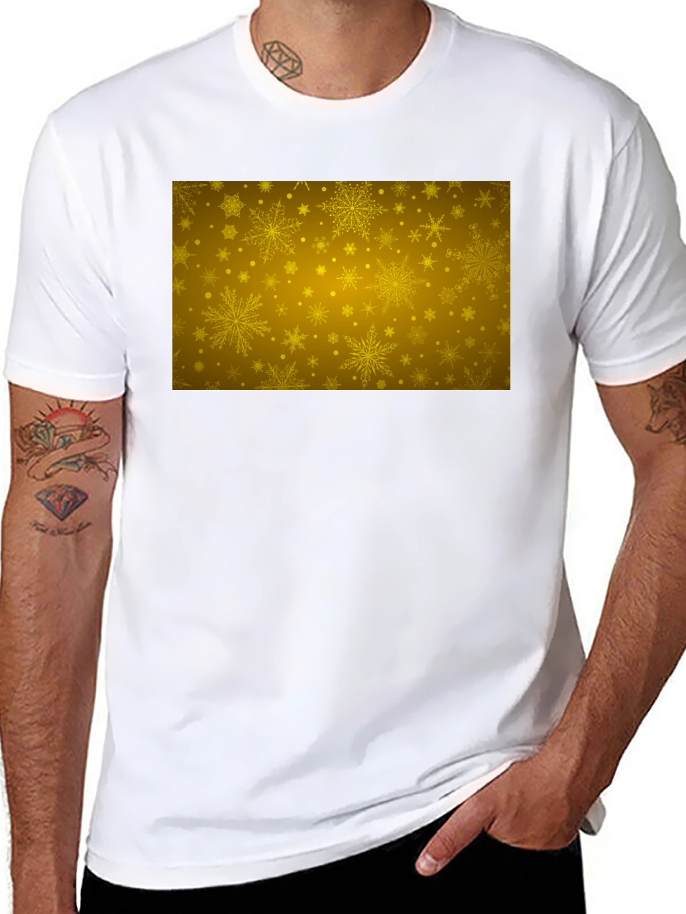 Gold Snowflake Pattern Black T-Shirt