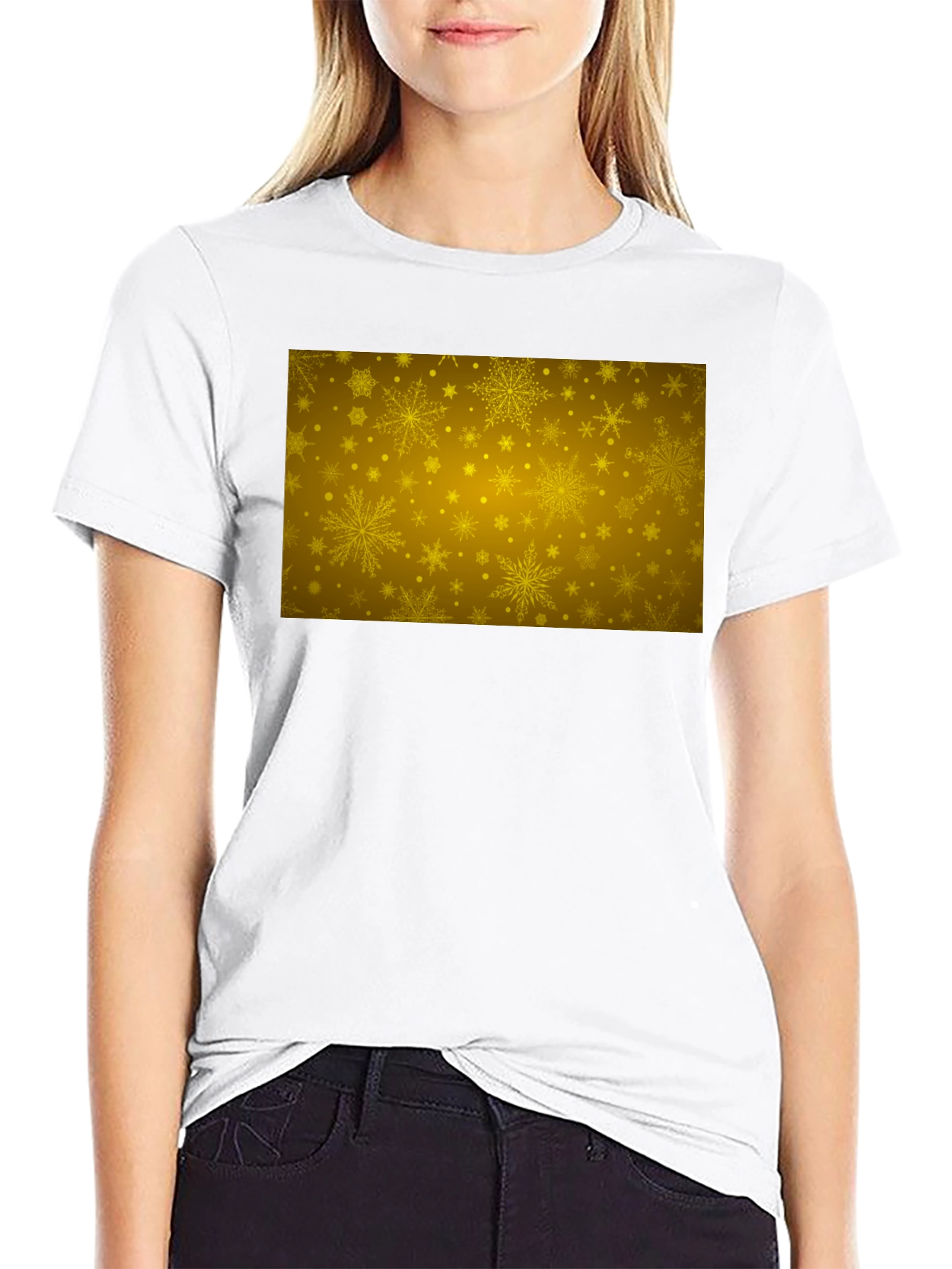 Gold Snowflake Pattern Black T-Shirt