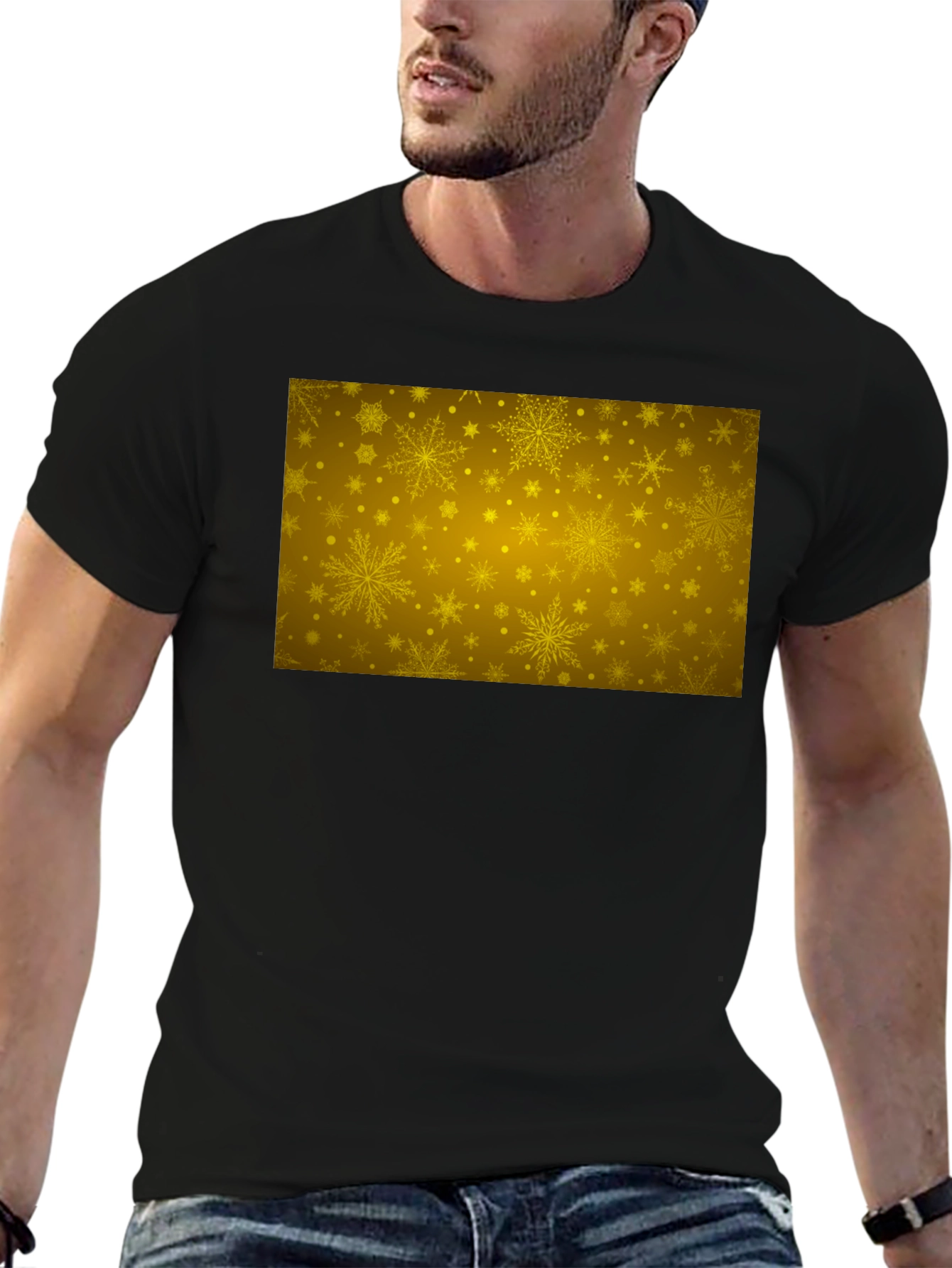 Gold Snowflake Pattern Black T-Shirt