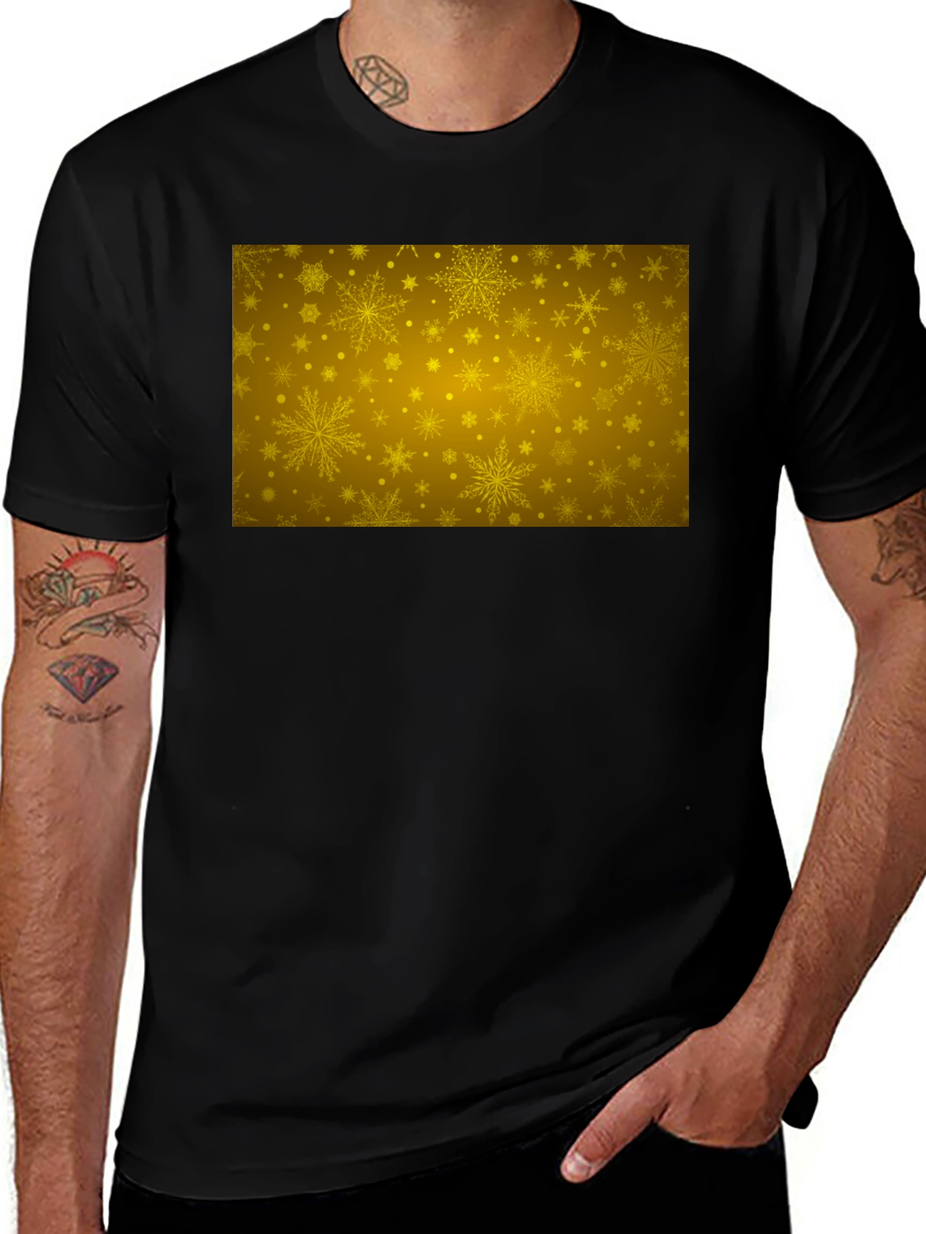 Gold Snowflake Pattern Black T-Shirt