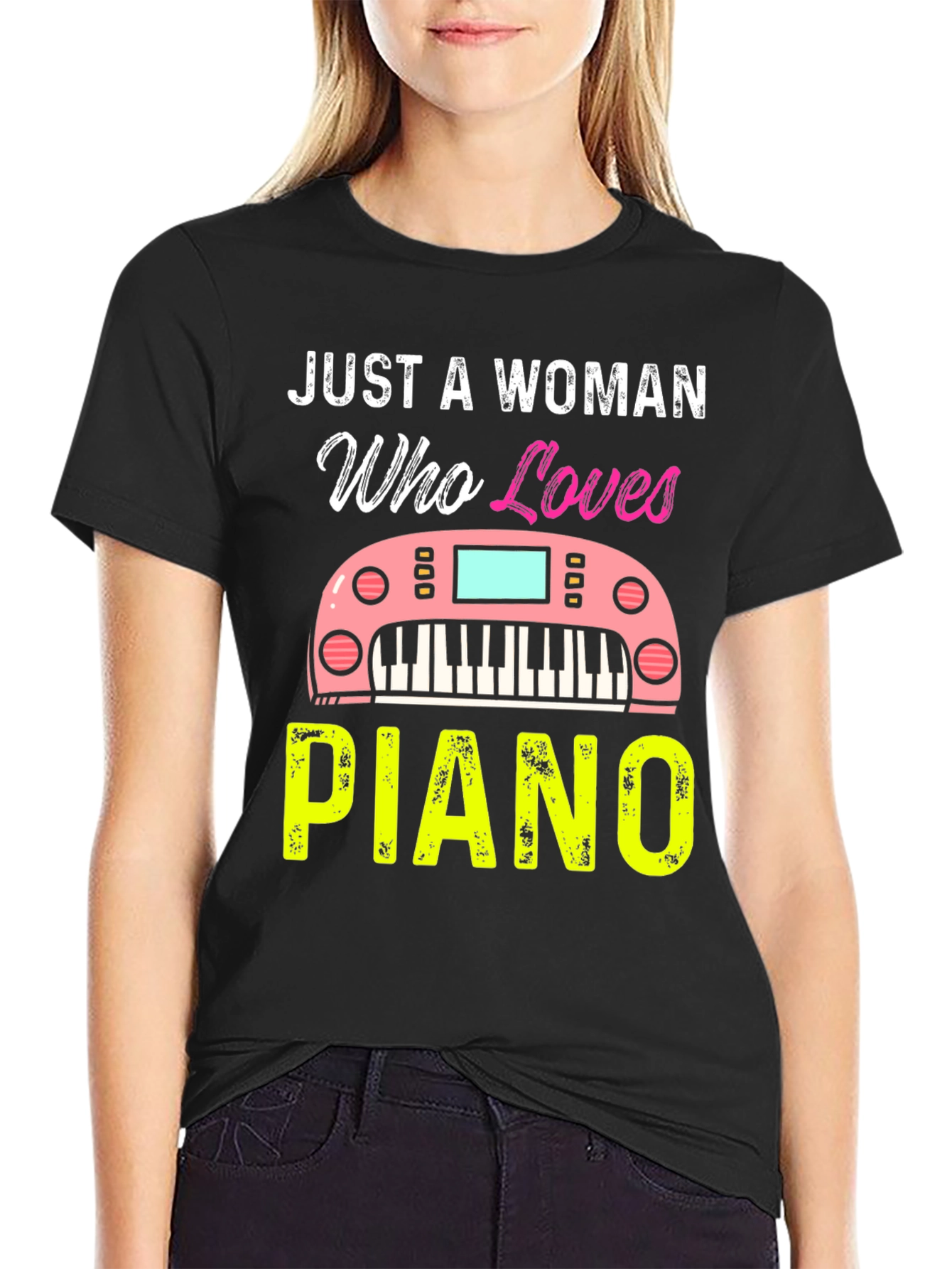 Just A Woman Who Loves Piano Black T-Shirt
