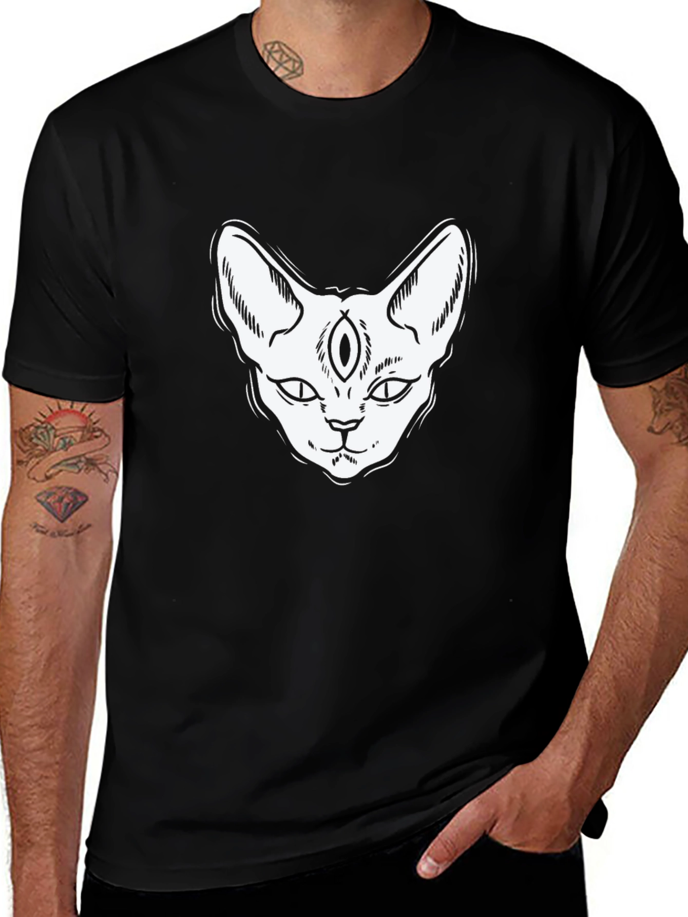 Third Eye Cat Graphic Tee - Black Cotton T-Shirt