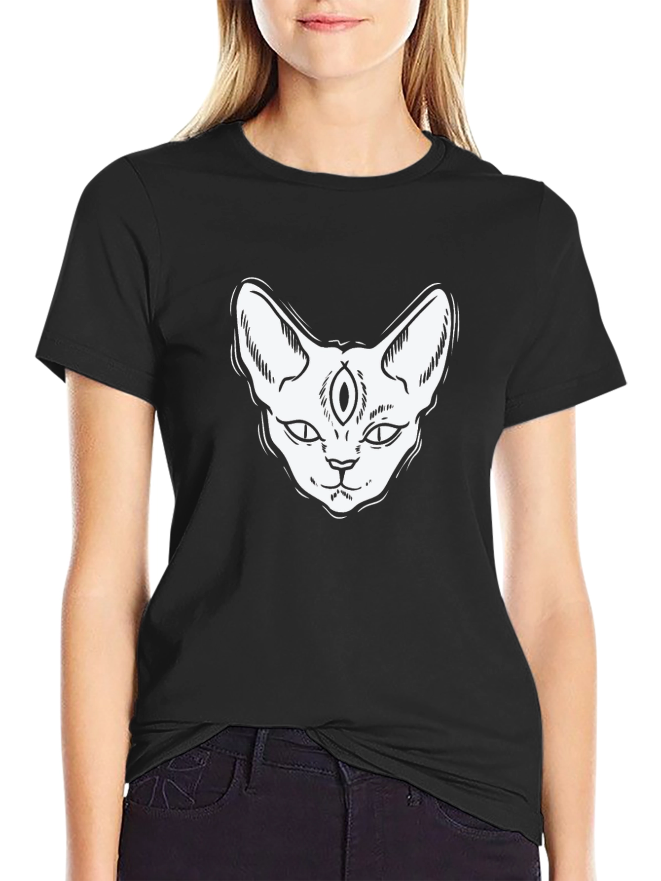 Third Eye Cat Graphic Tee - Black Cotton T-Shirt