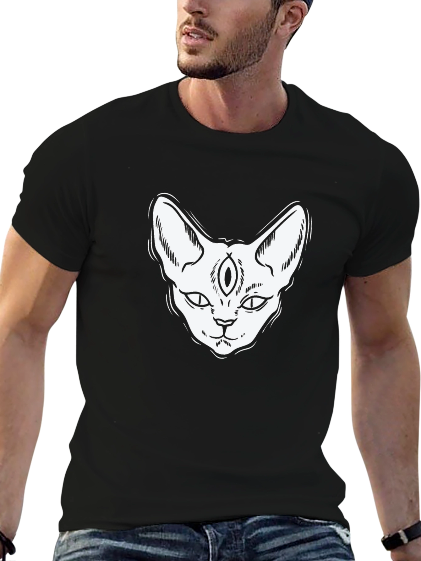 Third Eye Cat Graphic Tee - Black Cotton T-Shirt