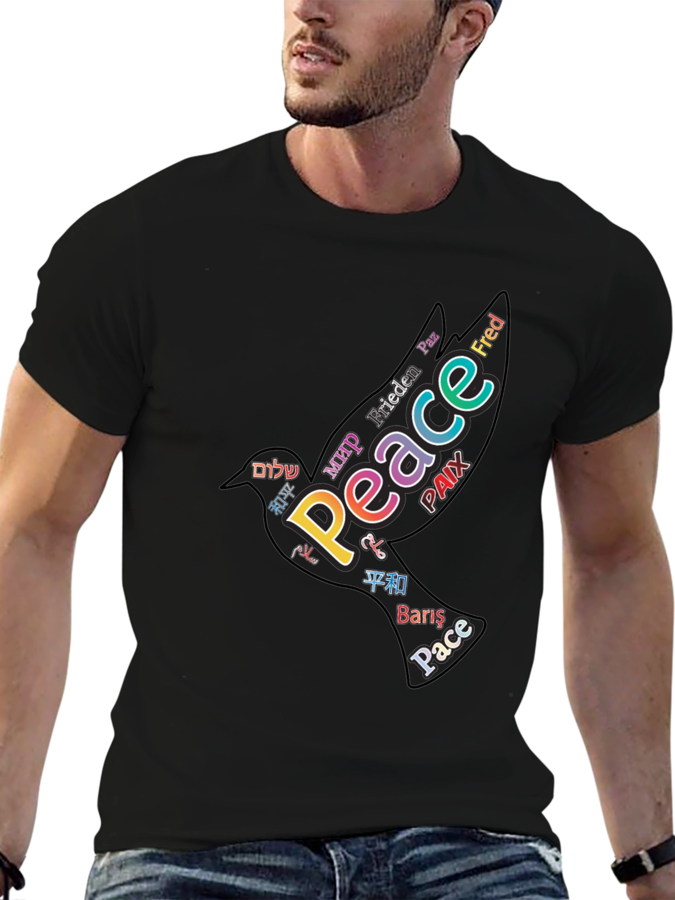 Peace Dove Word Art Black T-Shirt