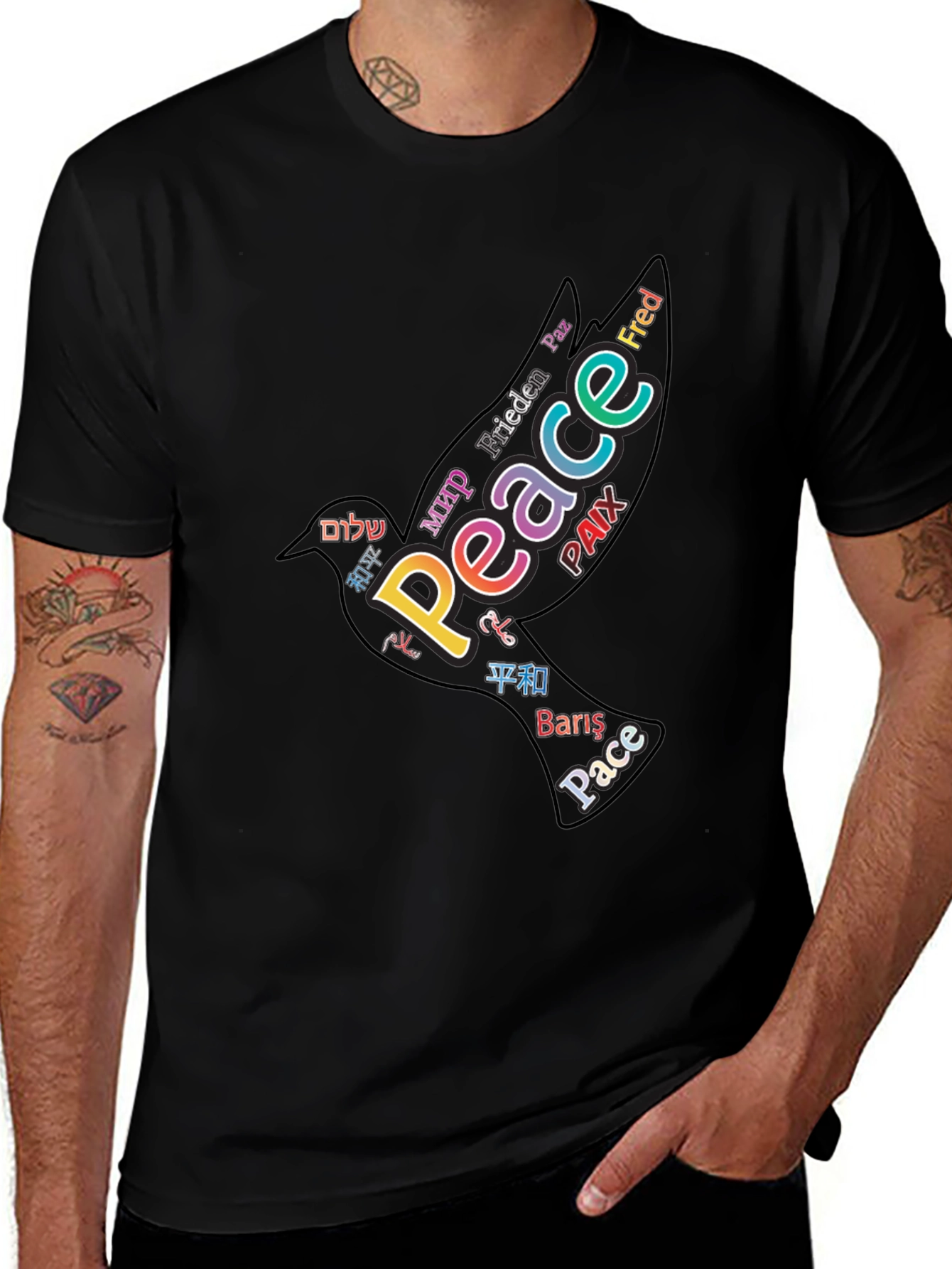 Peace Dove Word Art Black T-Shirt