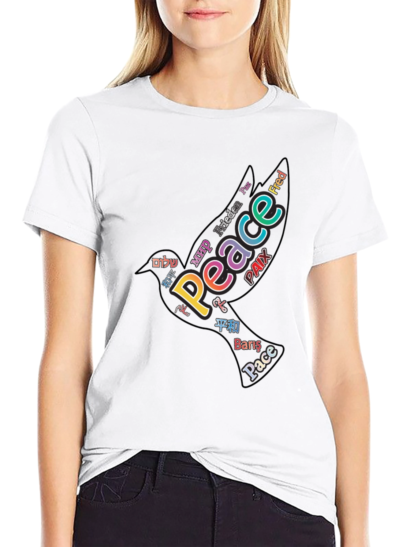 Peace Dove Word Art Black T-Shirt