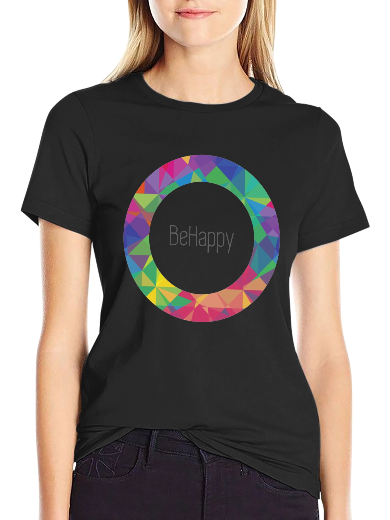 BeHappy Geometric Circle Graphic Black T-Shirt