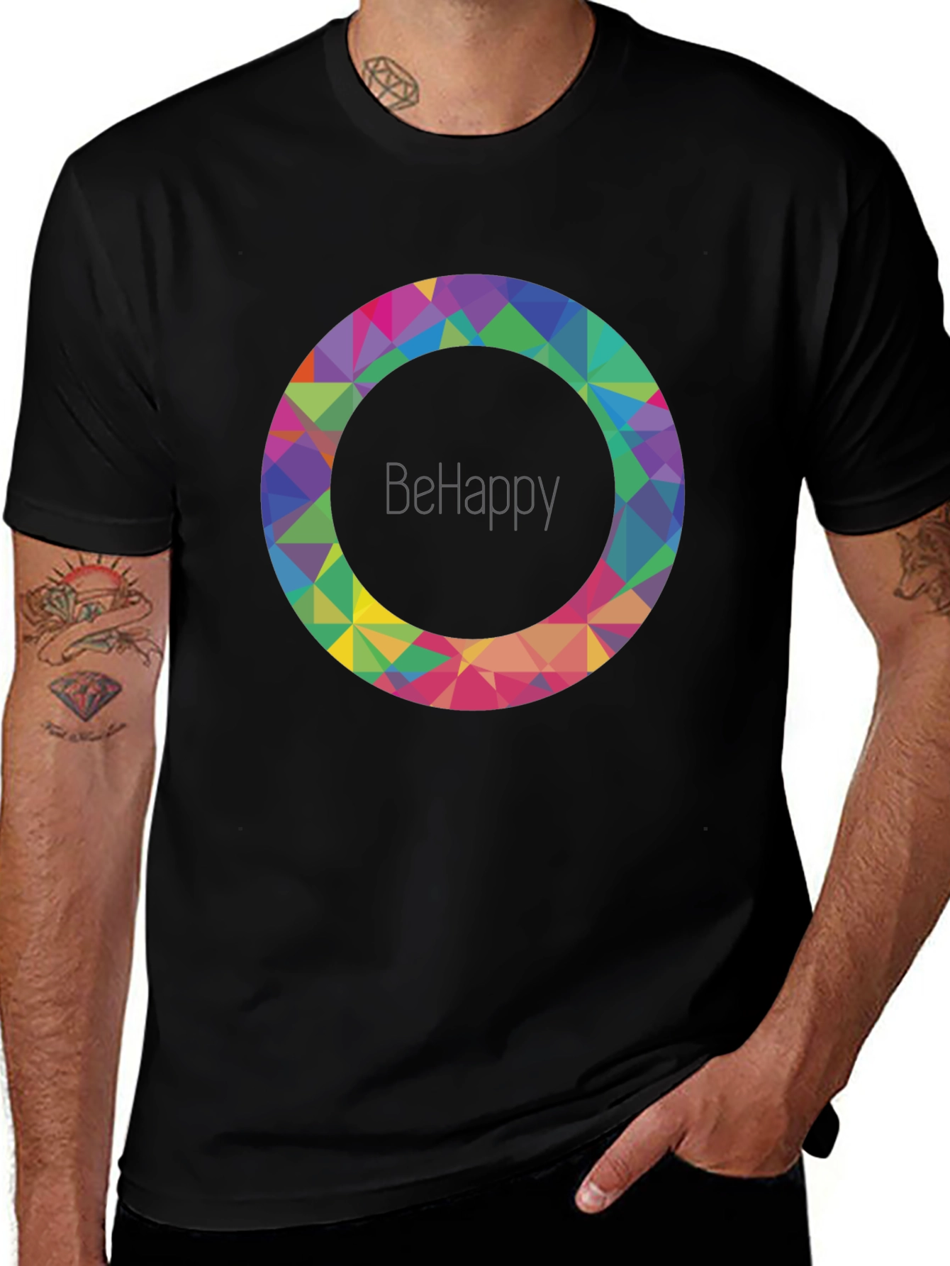 BeHappy Geometric Circle Graphic Black T-Shirt