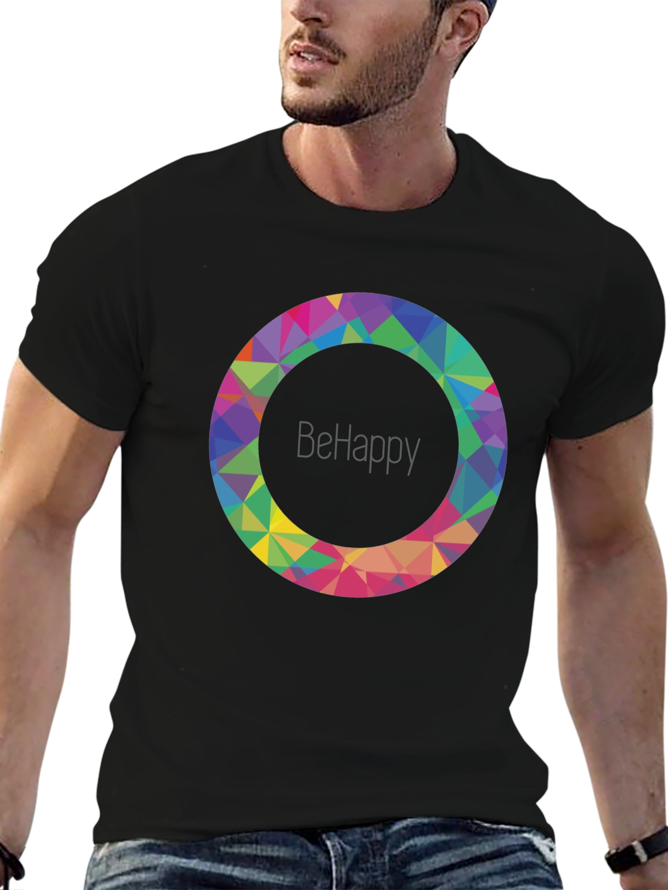 BeHappy Geometric Circle Graphic Black T-Shirt