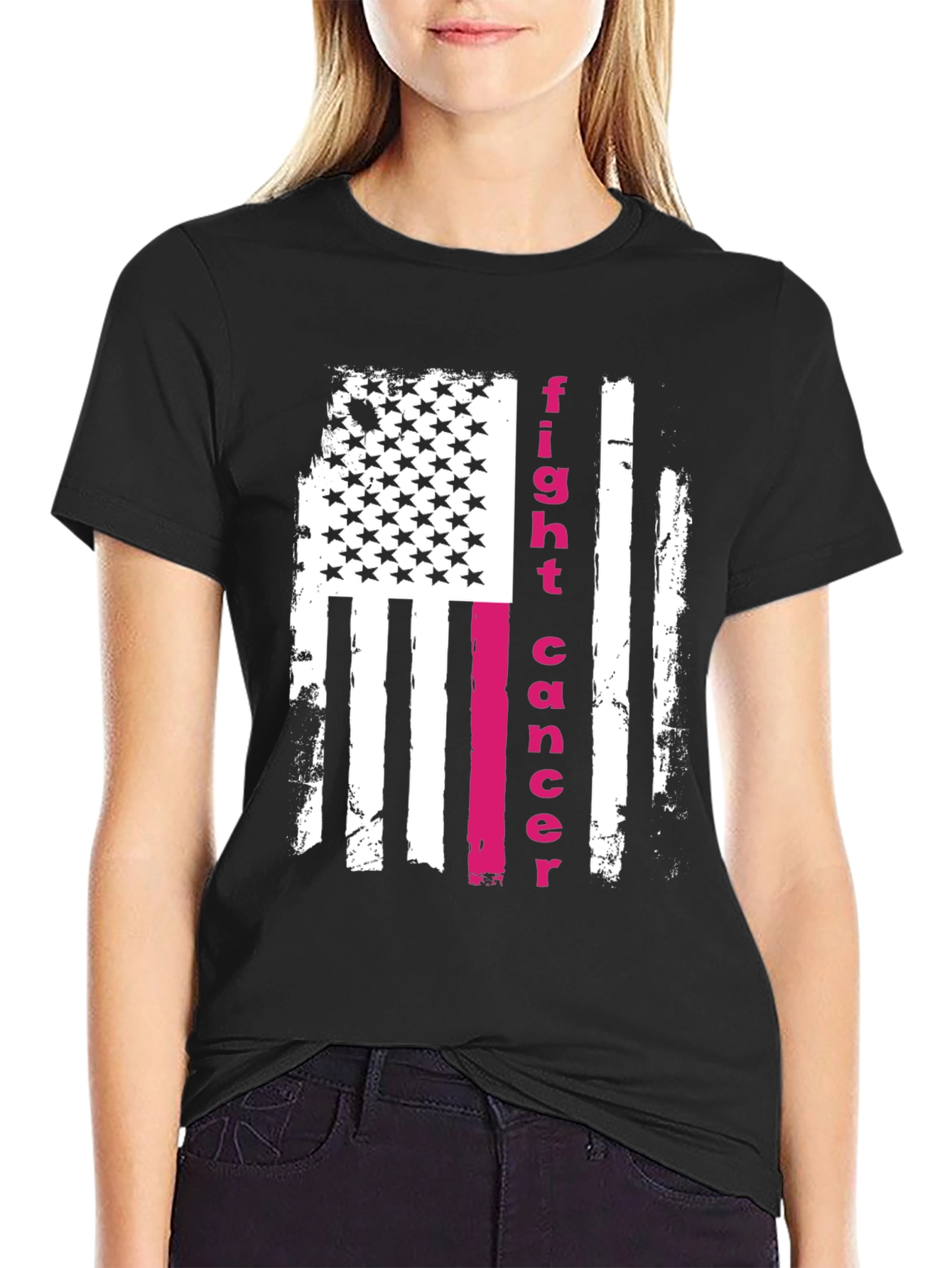 Fight Cancer American Flag Graphic T-Shirt
